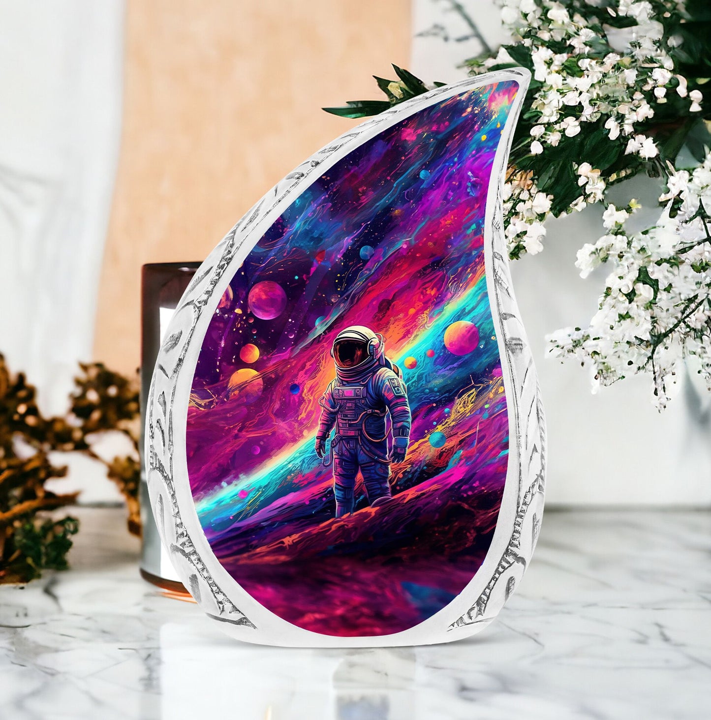 Large urn for adult man's ashes with generative space flow design, an exquisite metal ash holder.