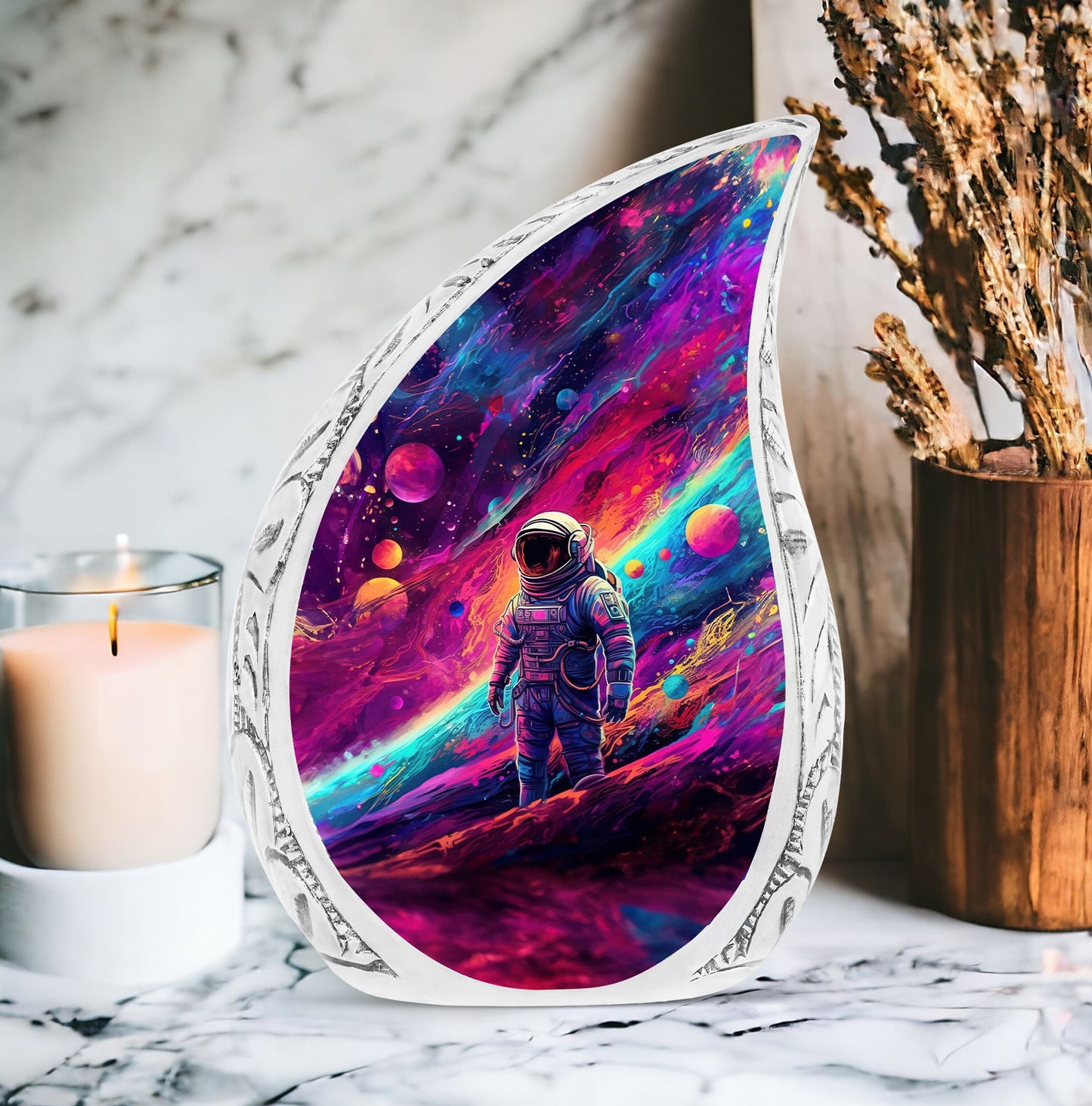 Large urn for adult man's ashes with generative space flow design, an exquisite metal ash holder.