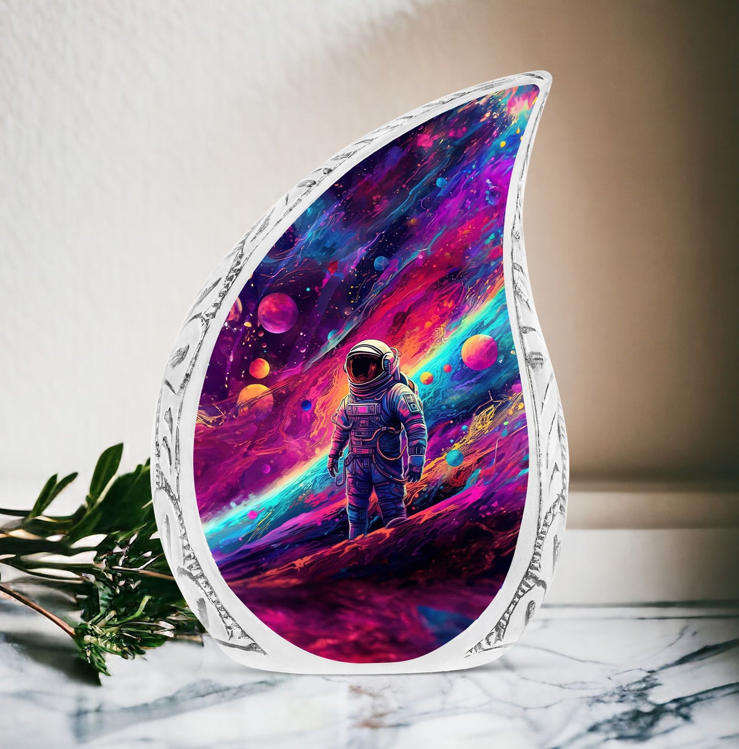 Large urn for adult man's ashes with generative space flow design, an exquisite metal ash holder.