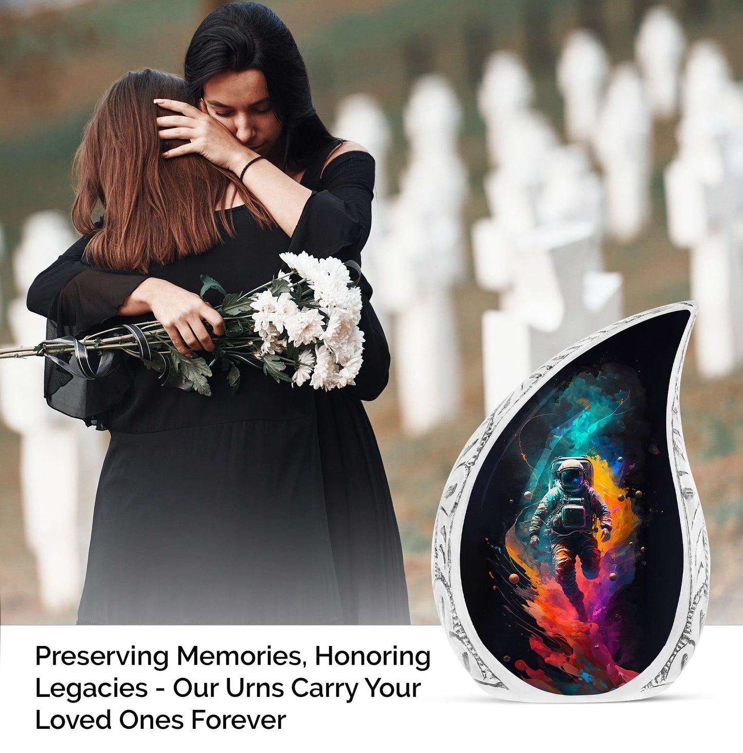 Large urn for human ashes featuring an illustration of an astronaut with a rainbow, ideal for adult burial or cremation.