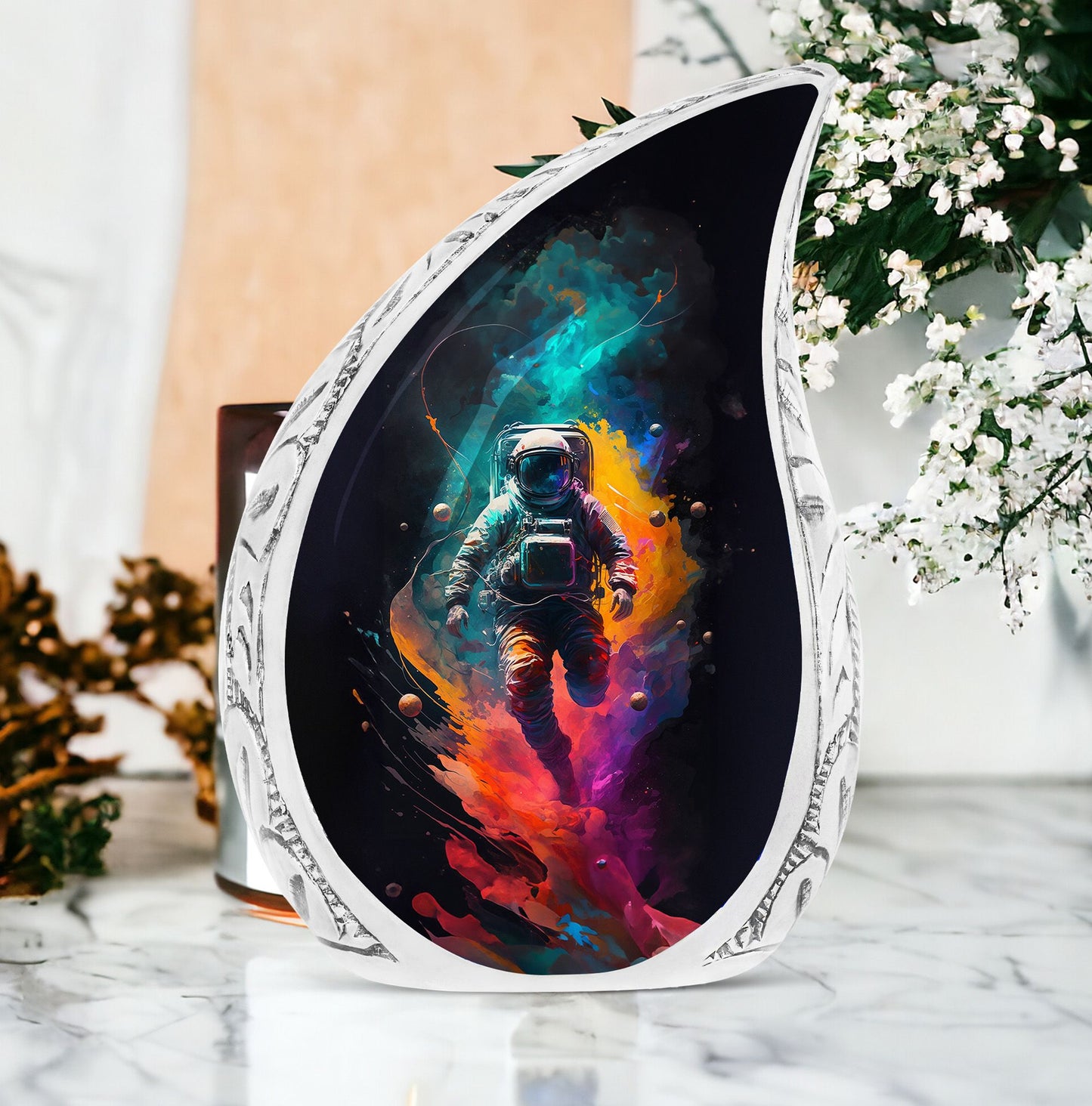 Large urn for human ashes featuring an illustration of an astronaut with a rainbow, ideal for adult burial or cremation.