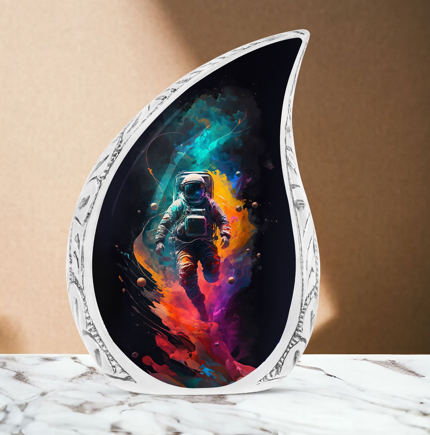 Large urn for human ashes featuring an illustration of an astronaut with a rainbow, ideal for adult burial or cremation.
