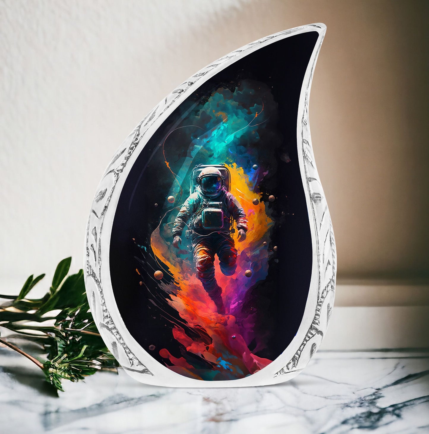 Large urn for human ashes featuring an illustration of an astronaut with a rainbow, ideal for adult burial or cremation.
