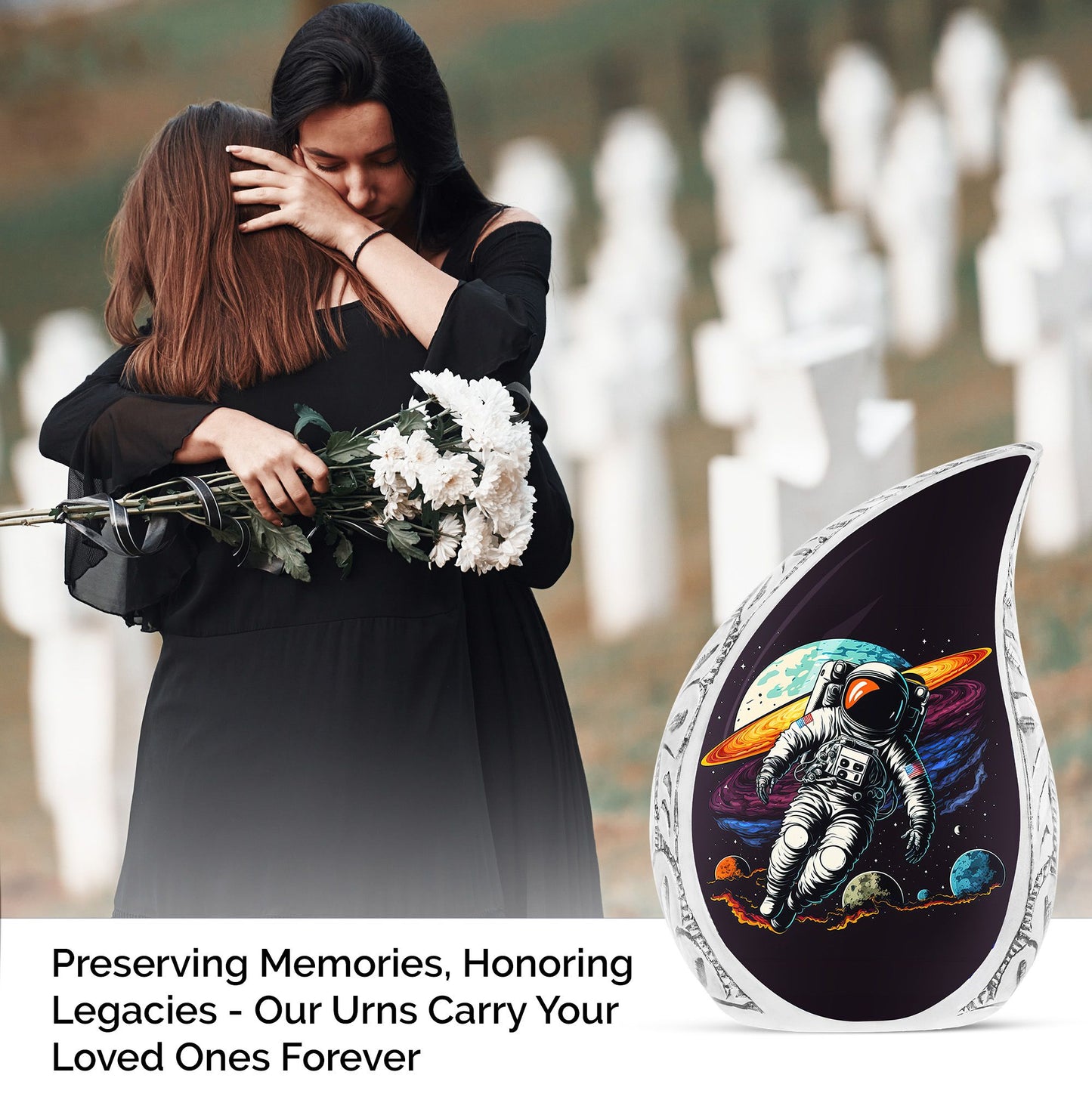 Decorative large urn with astronaut space illustration, suitable for human ashes