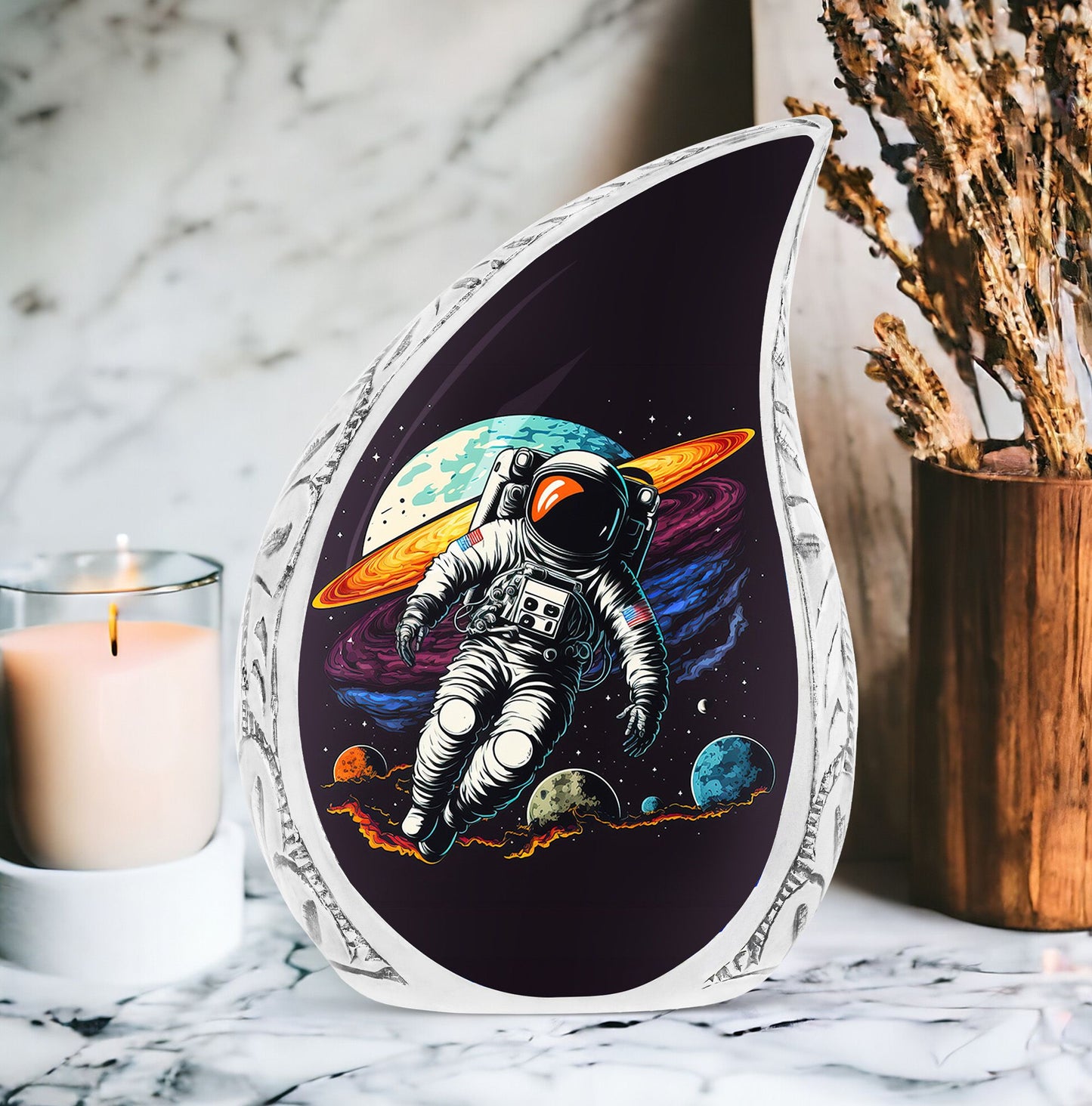 Decorative large urn with astronaut space illustration, suitable for human ashes