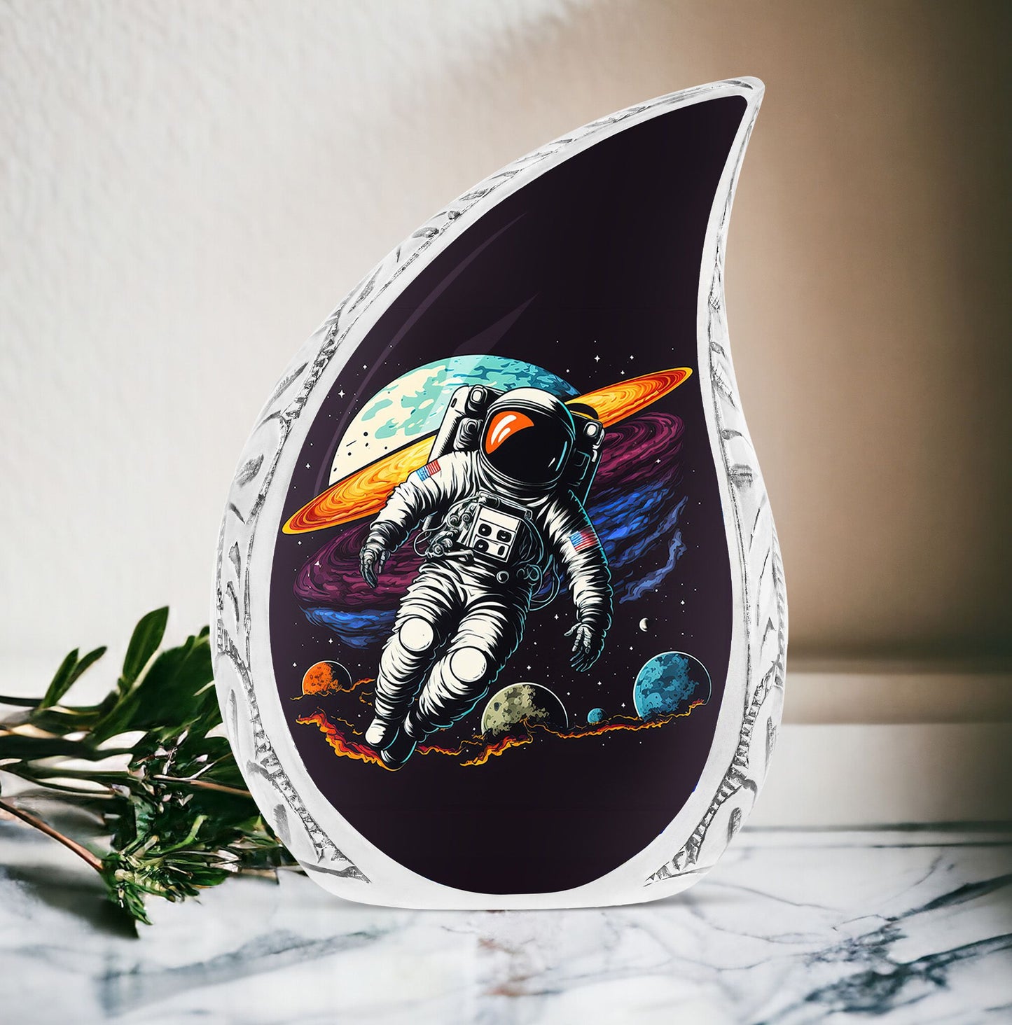 Decorative large urn with astronaut space illustration, suitable for human ashes