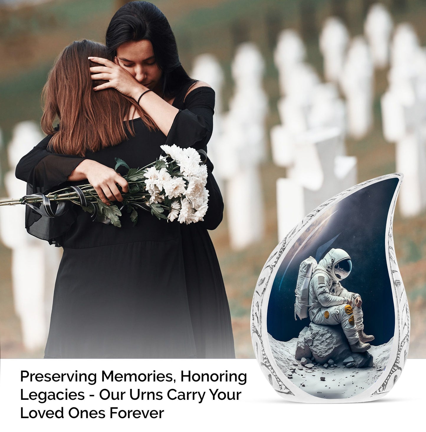 Large Astronaut Suit inspired Cremation Companion Urn, sitting on cracked stone, ideal for Adult men's ashes