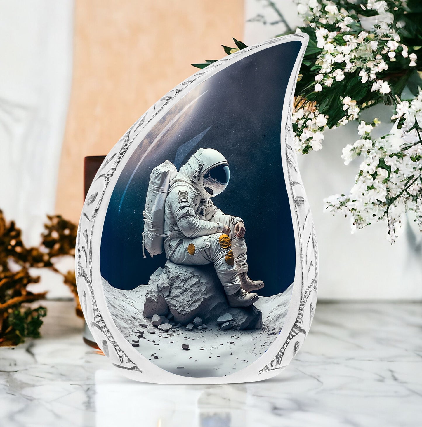 Large Astronaut Suit inspired Cremation Companion Urn, sitting on cracked stone, ideal for Adult men's ashes