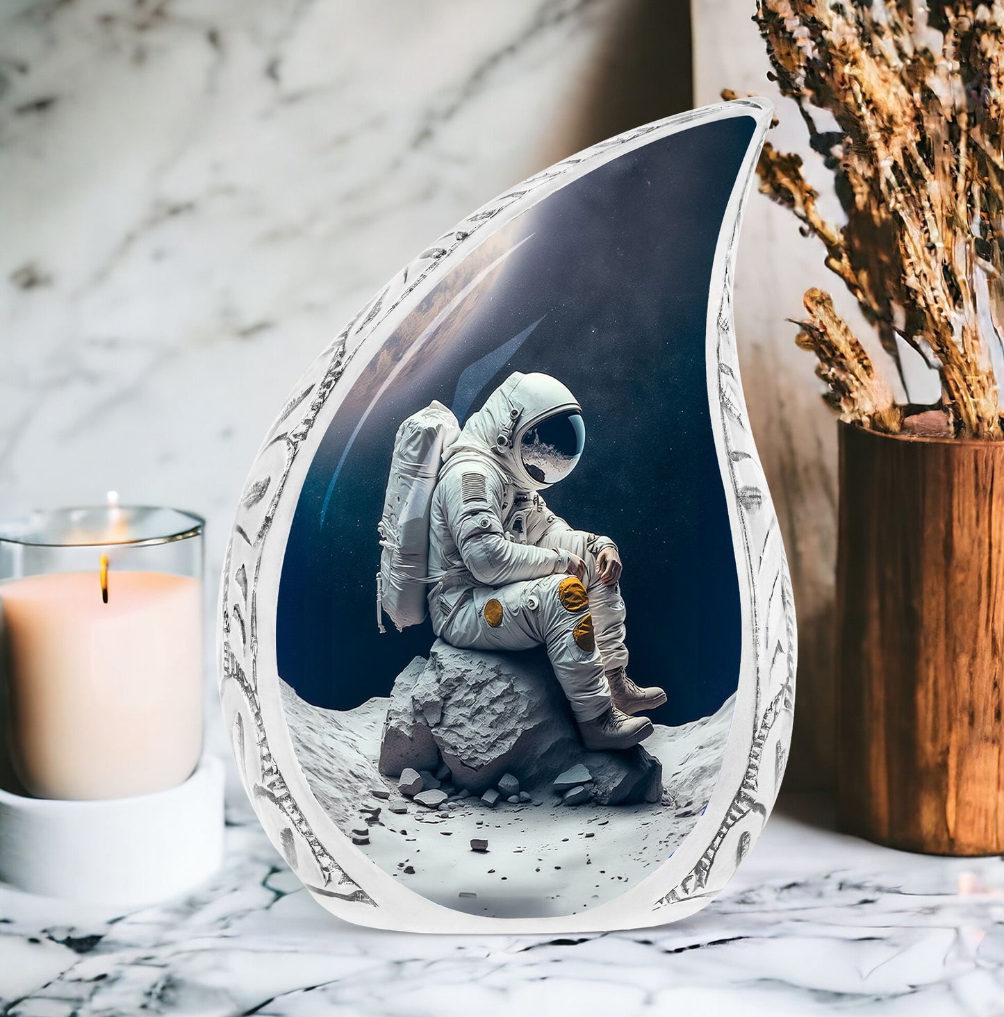 Large Astronaut Suit inspired Cremation Companion Urn, sitting on cracked stone, ideal for Adult men's ashes
