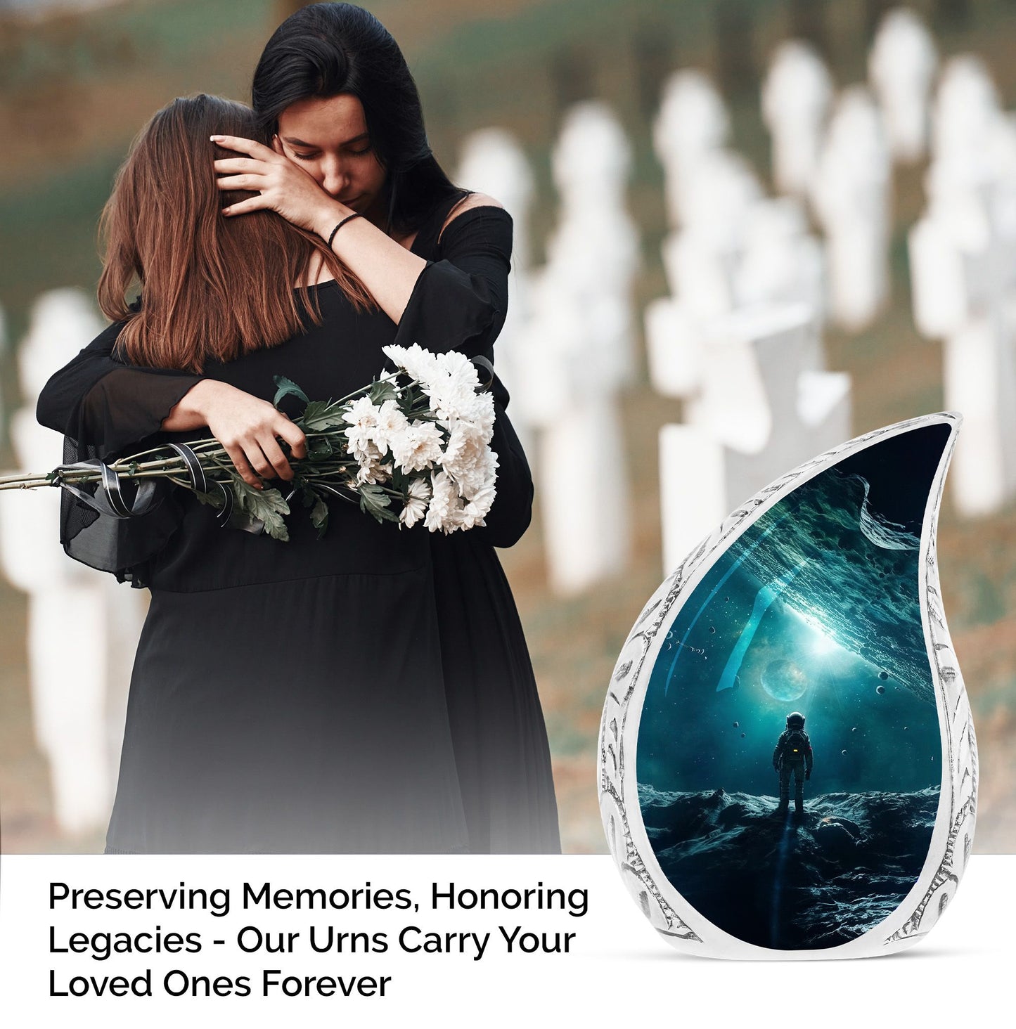 Large cremation urn with astronaut amidst a blue galaxy design, unique metal container for adult human ashes