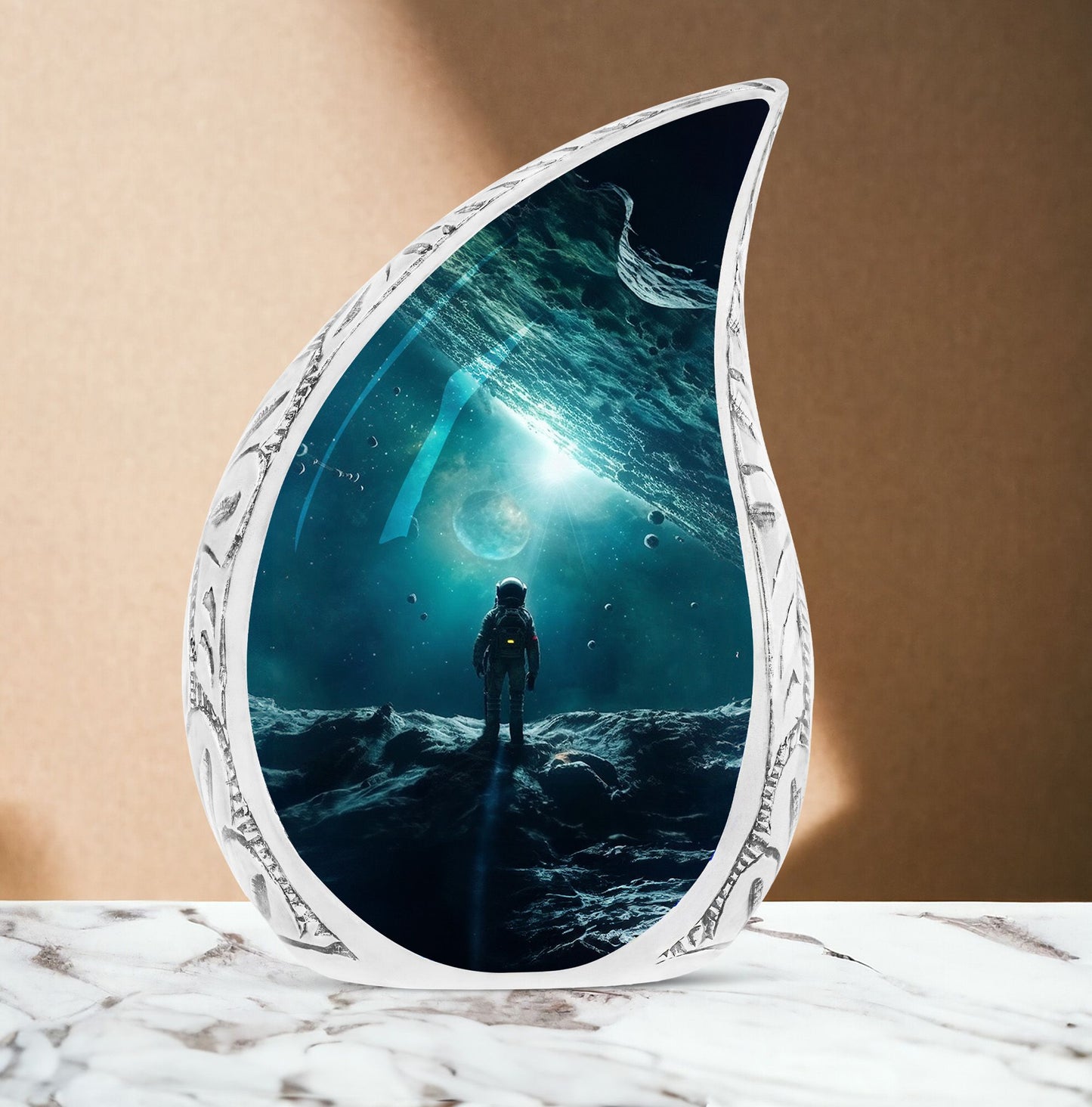 Large cremation urn with astronaut amidst a blue galaxy design, unique metal container for adult human ashes