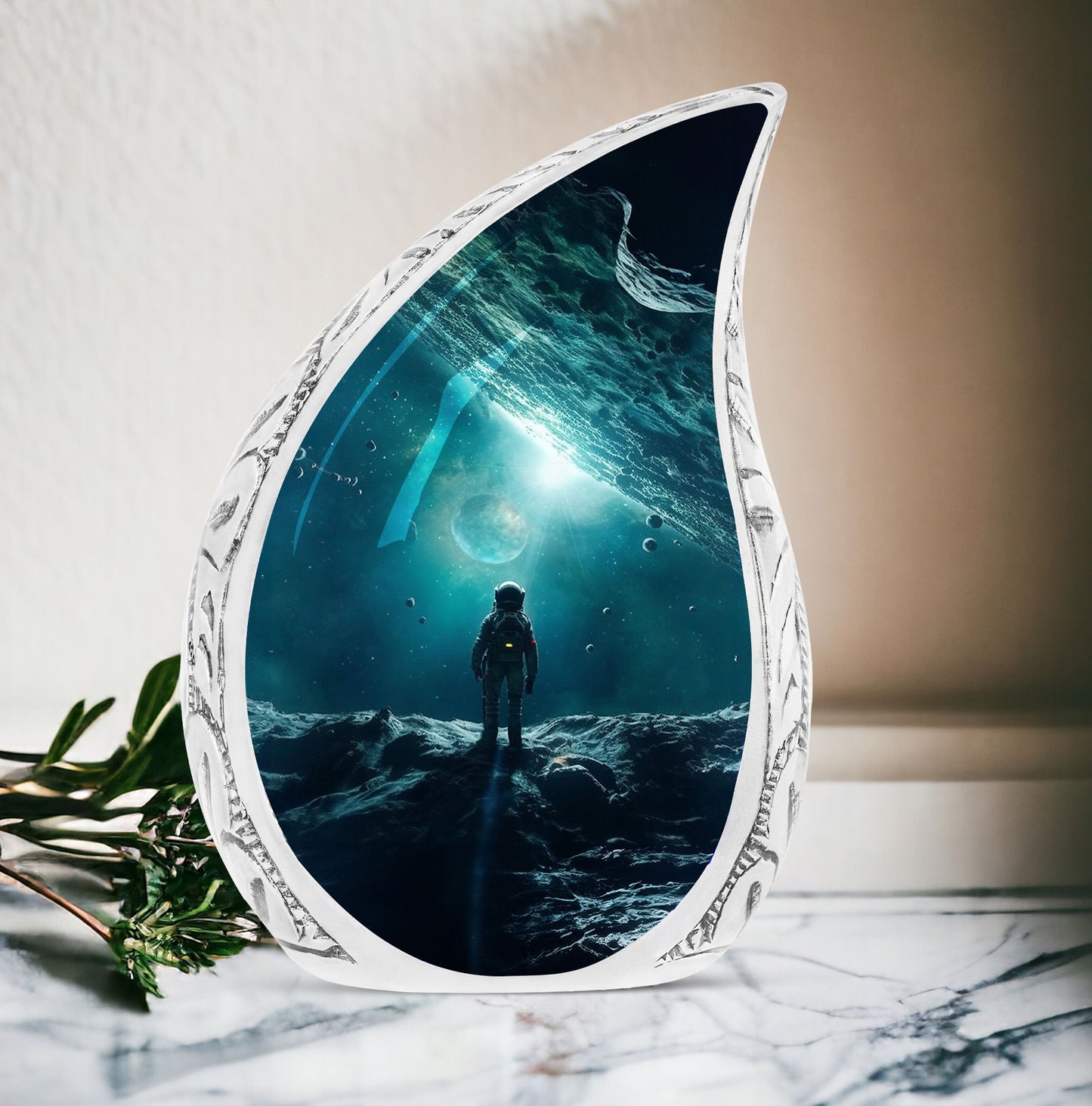 Large cremation urn with astronaut amidst a blue galaxy design, unique metal container for adult human ashes