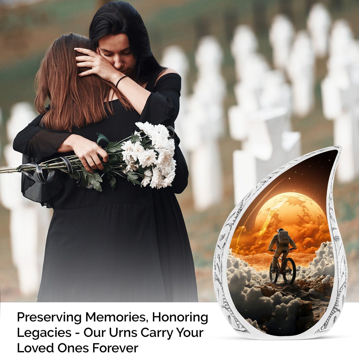 Large decorative urn for ashes featuring an astronaut riding a bike, ideal for a unique and personal memorial
