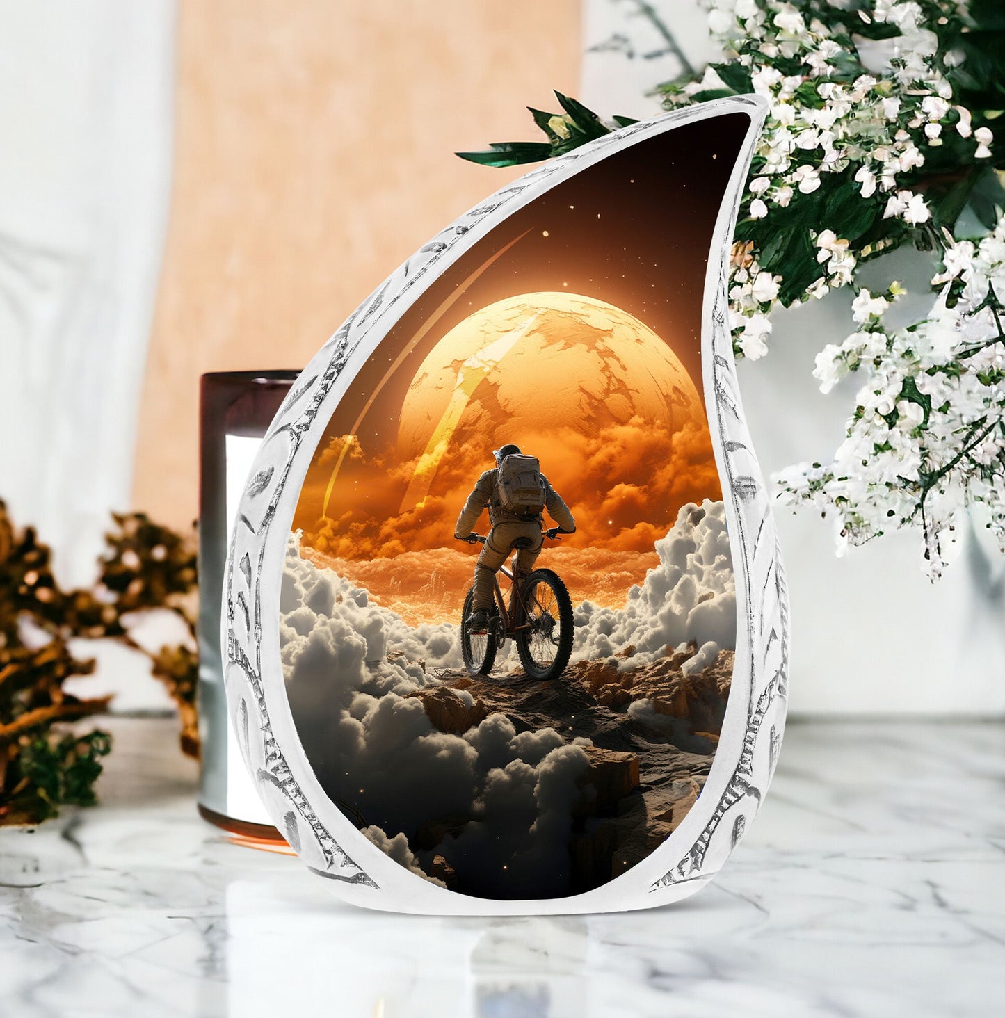 Large decorative urn for ashes featuring an astronaut riding a bike, ideal for a unique and personal memorial