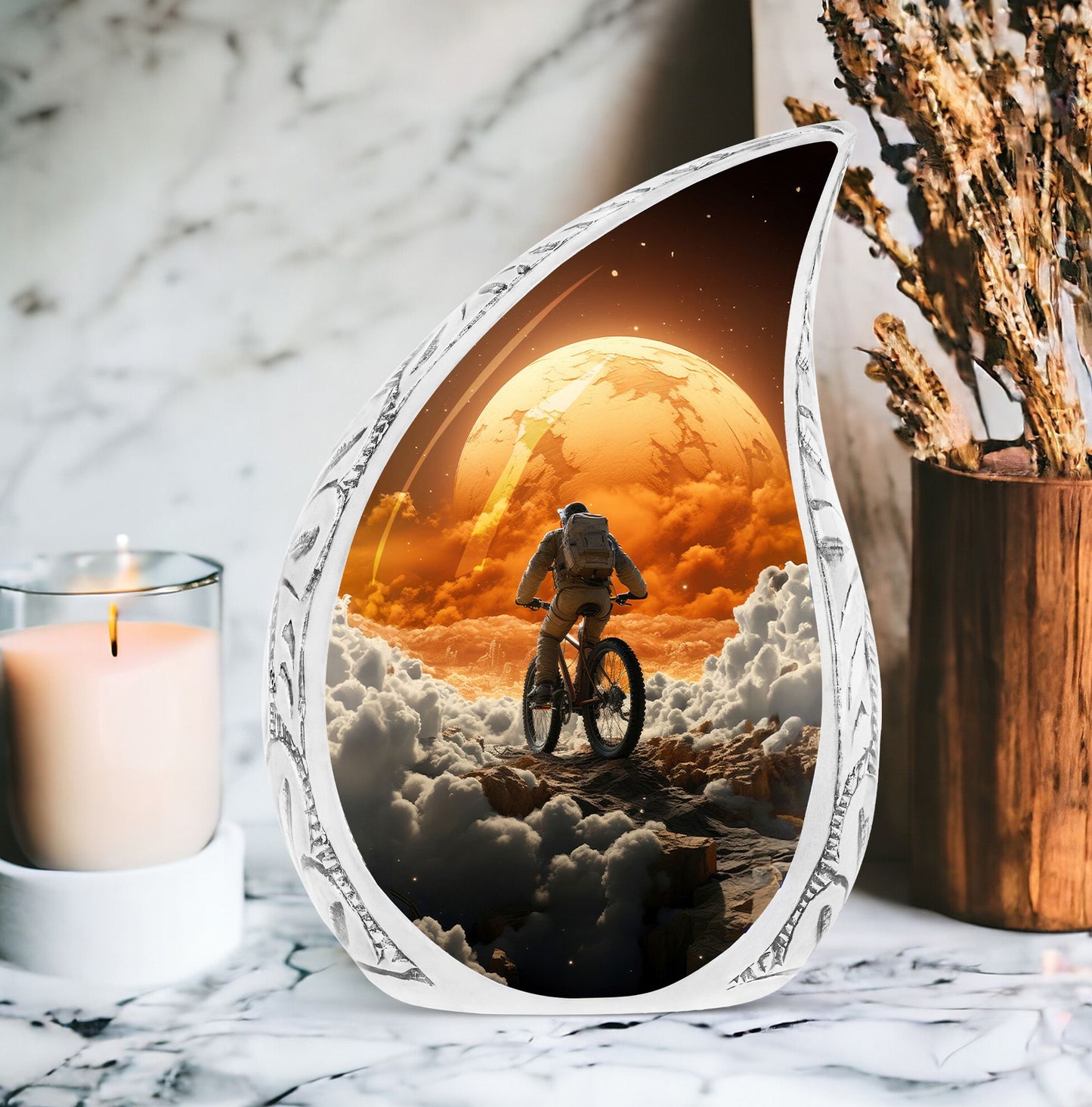 Large decorative urn for ashes featuring an astronaut riding a bike, ideal for a unique and personal memorial