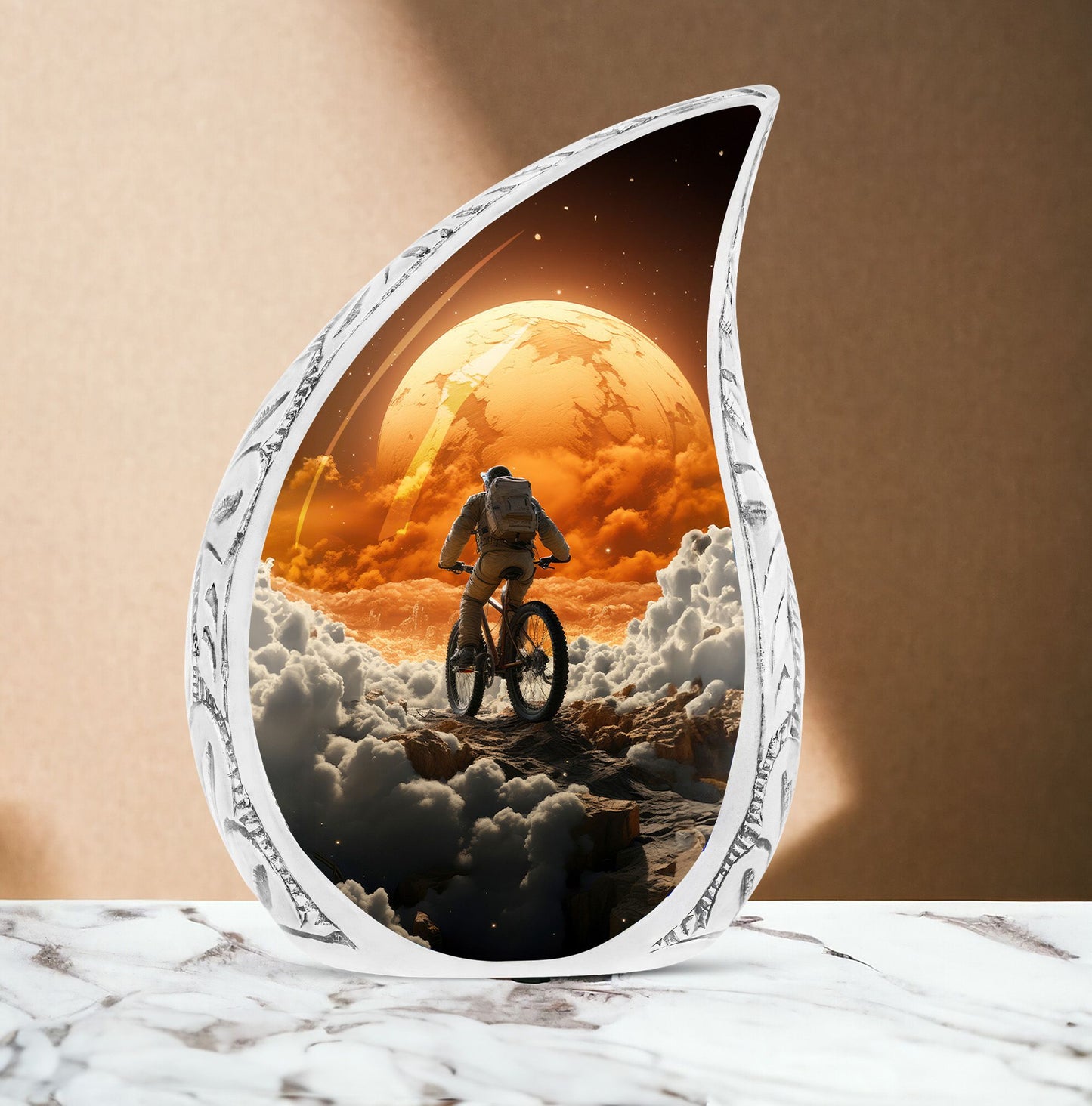 Large decorative urn for ashes featuring an astronaut riding a bike, ideal for a unique and personal memorial