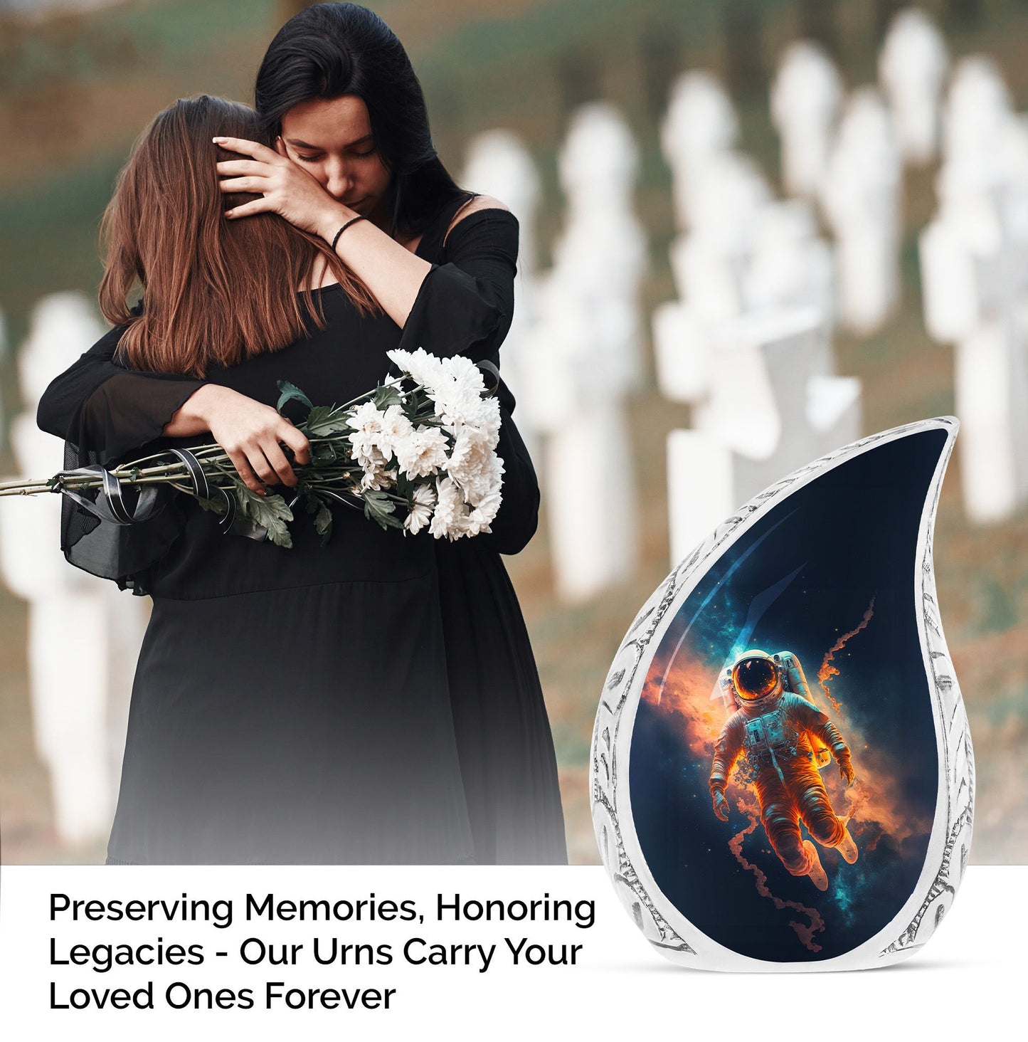 Large metal urn for adult human ashes featuring astronaut lost in space design
