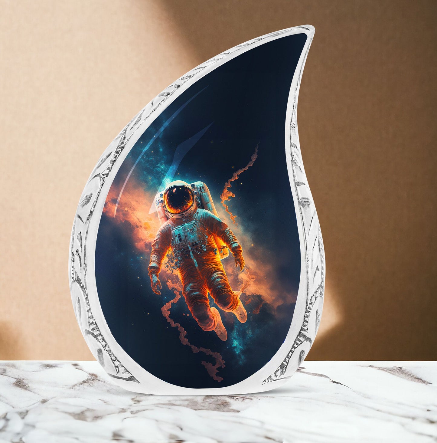 Large metal urn for adult human ashes featuring astronaut lost in space design