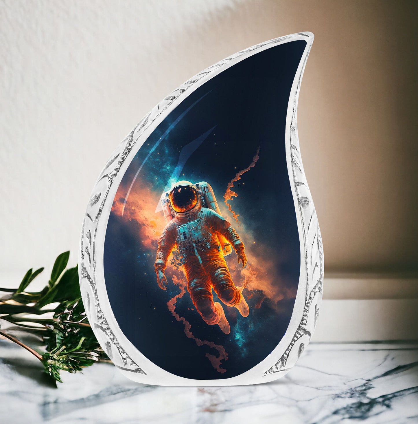 Large metal urn for adult human ashes featuring astronaut lost in space design
