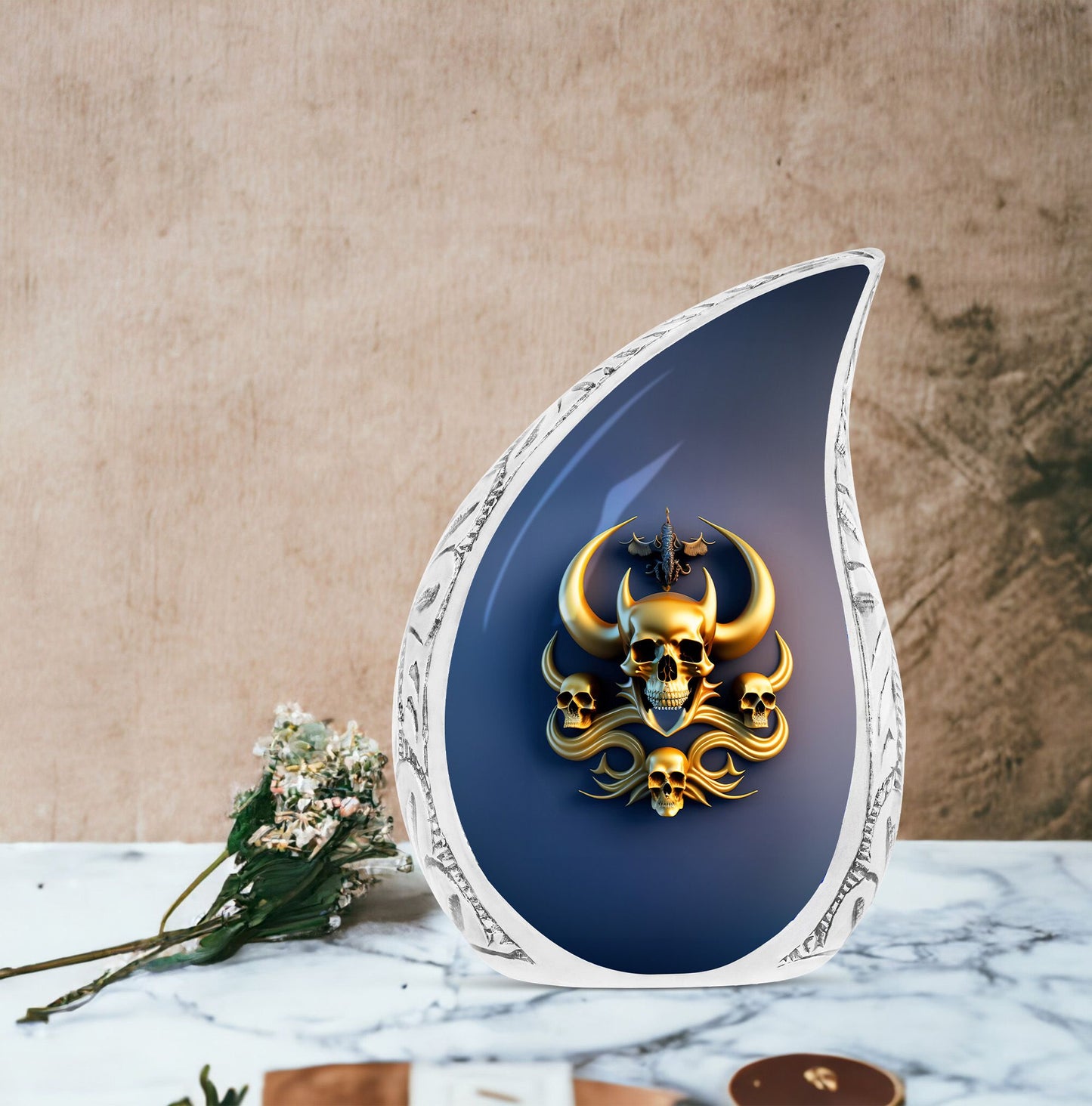 Gold skull with horns urn for human ashes on blue background, suitable for adults