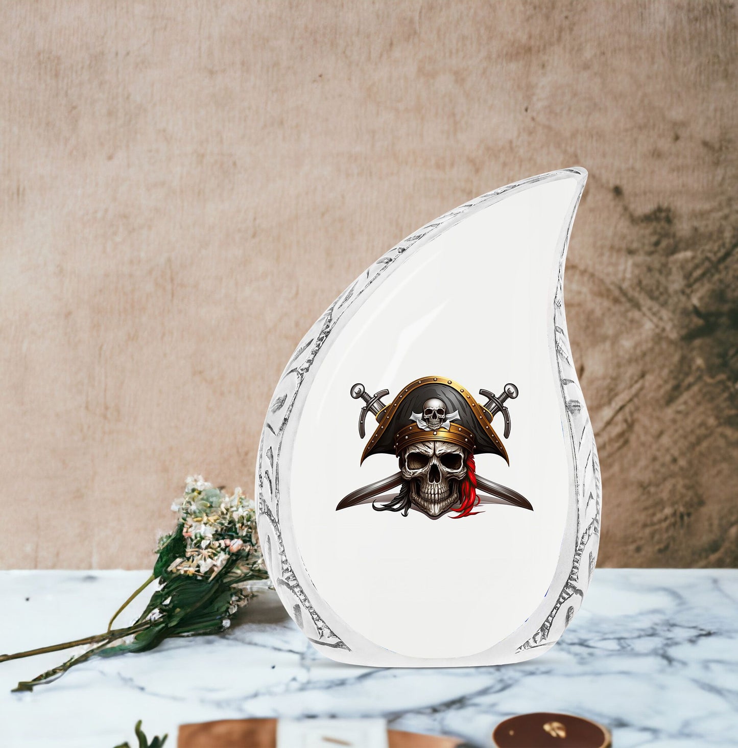 Large burial urn for women featuring helm ship and jolly roger saber design, unique memorial ashes urn, adult human ashes urn