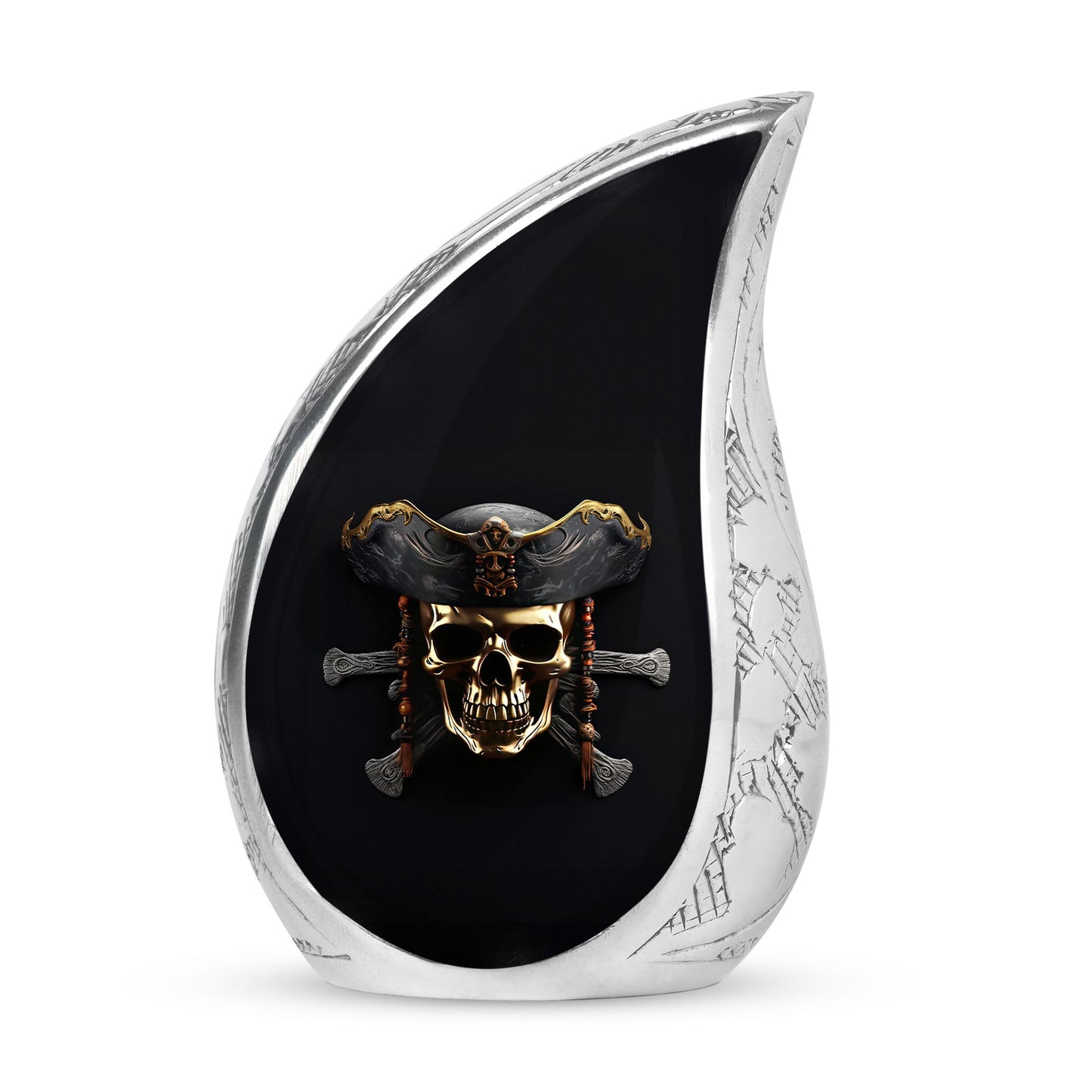 3D rendered minimalistic pirate skull on black background, large urn for ashes, suitable for men's cremation remains