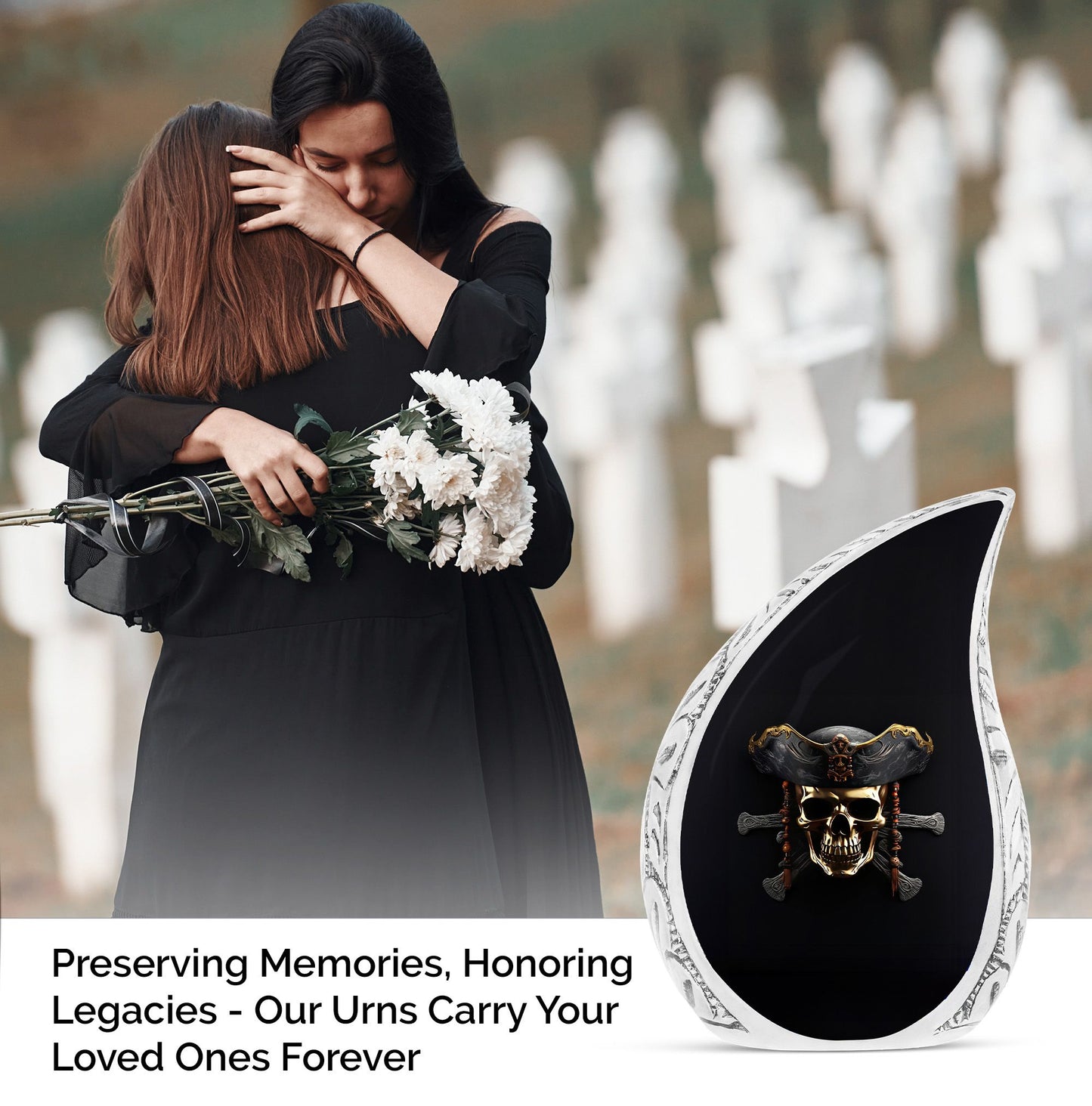 3D rendered minimalistic pirate skull on black background, large urn for ashes, suitable for men's cremation remains
