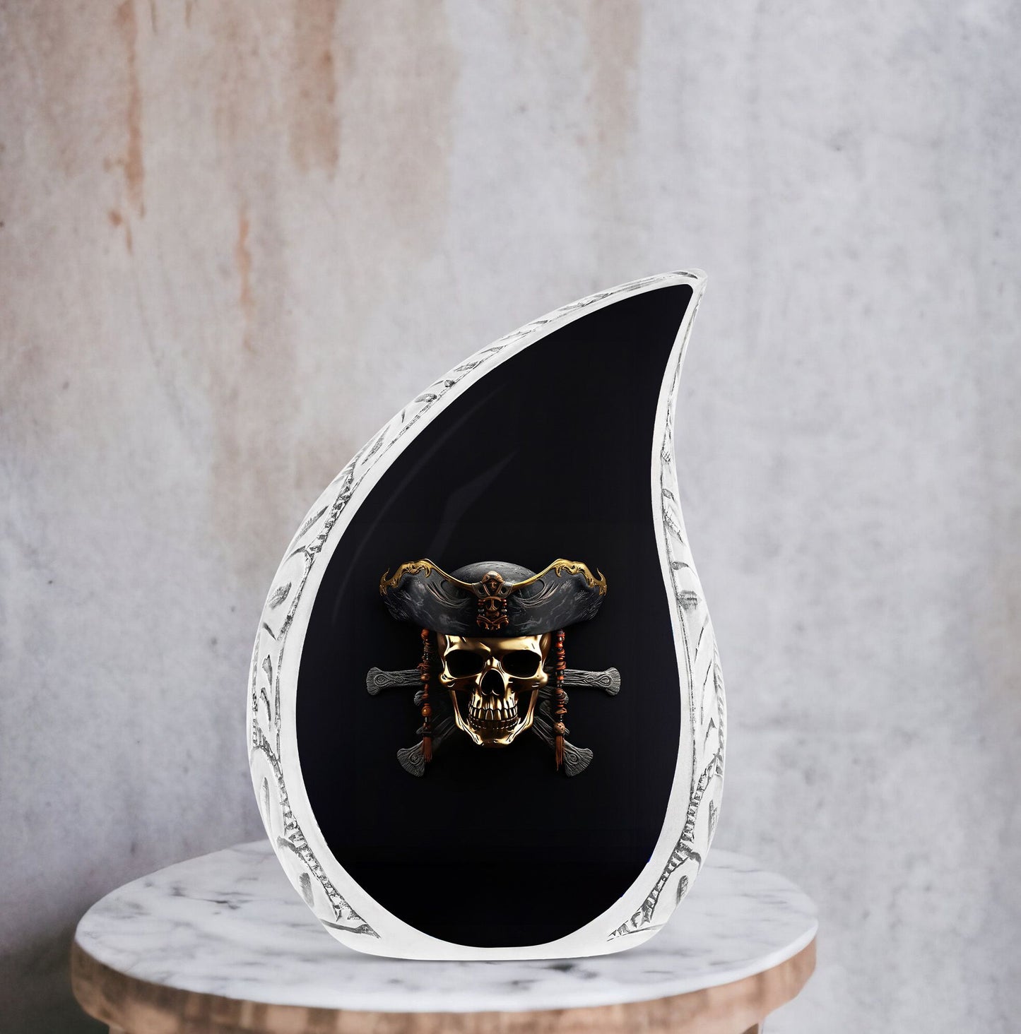 3D rendered minimalistic pirate skull on black background, large urn for ashes, suitable for men's cremation remains