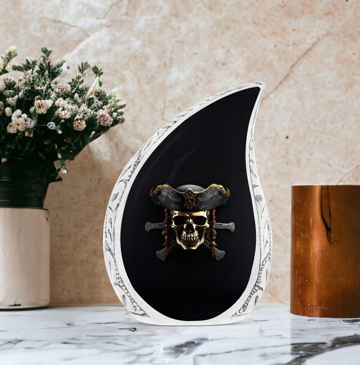 3D rendered minimalistic pirate skull on black background, large urn for ashes, suitable for men's cremation remains