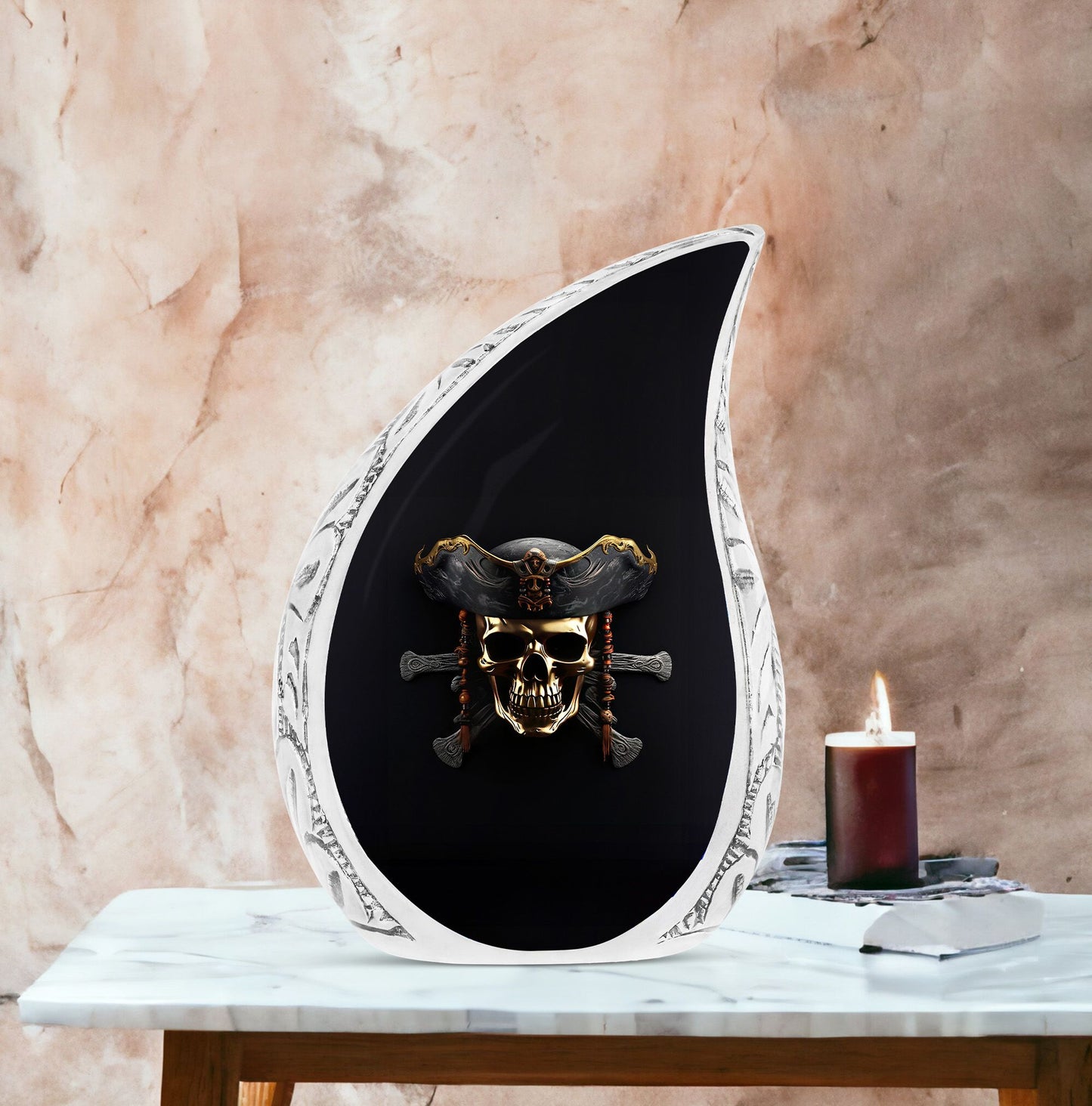 3D rendered minimalistic pirate skull on black background, large urn for ashes, suitable for men's cremation remains