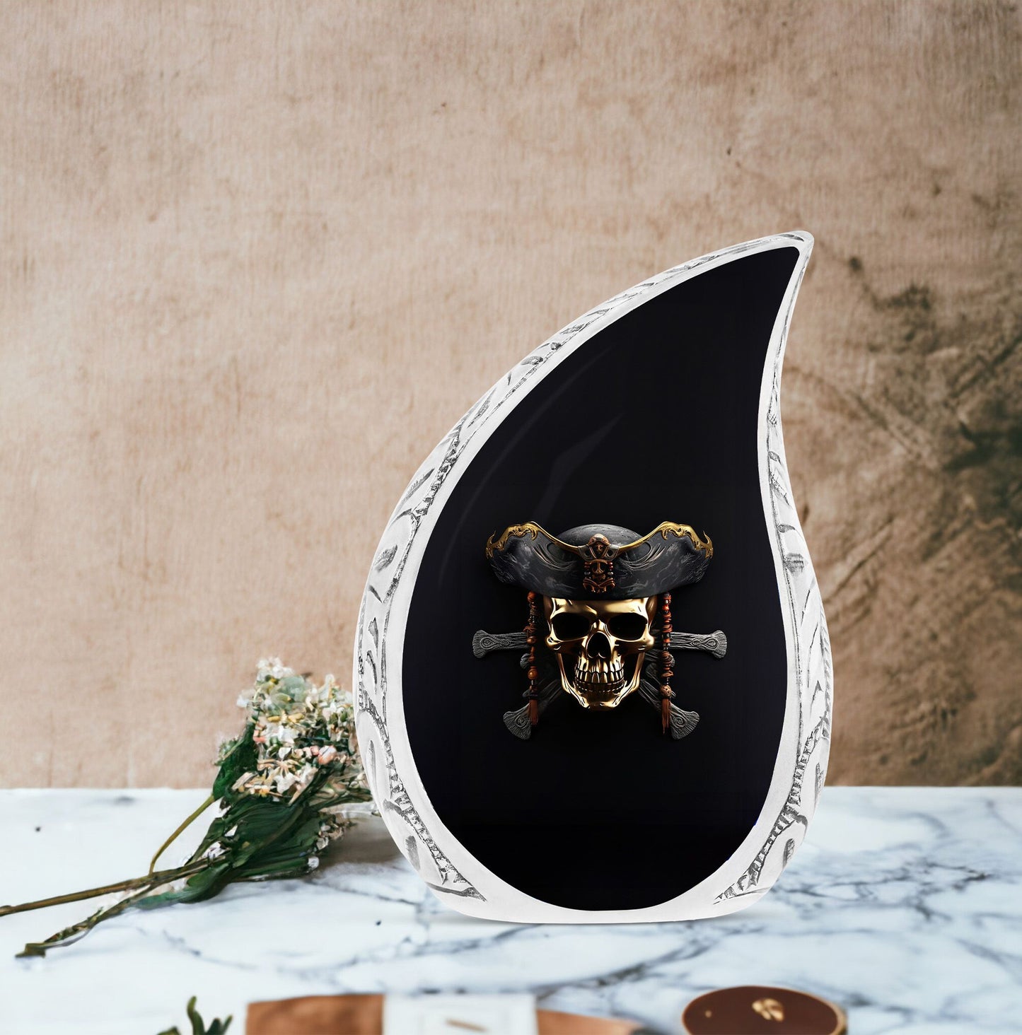 3D rendered minimalistic pirate skull on black background, large urn for ashes, suitable for men's cremation remains