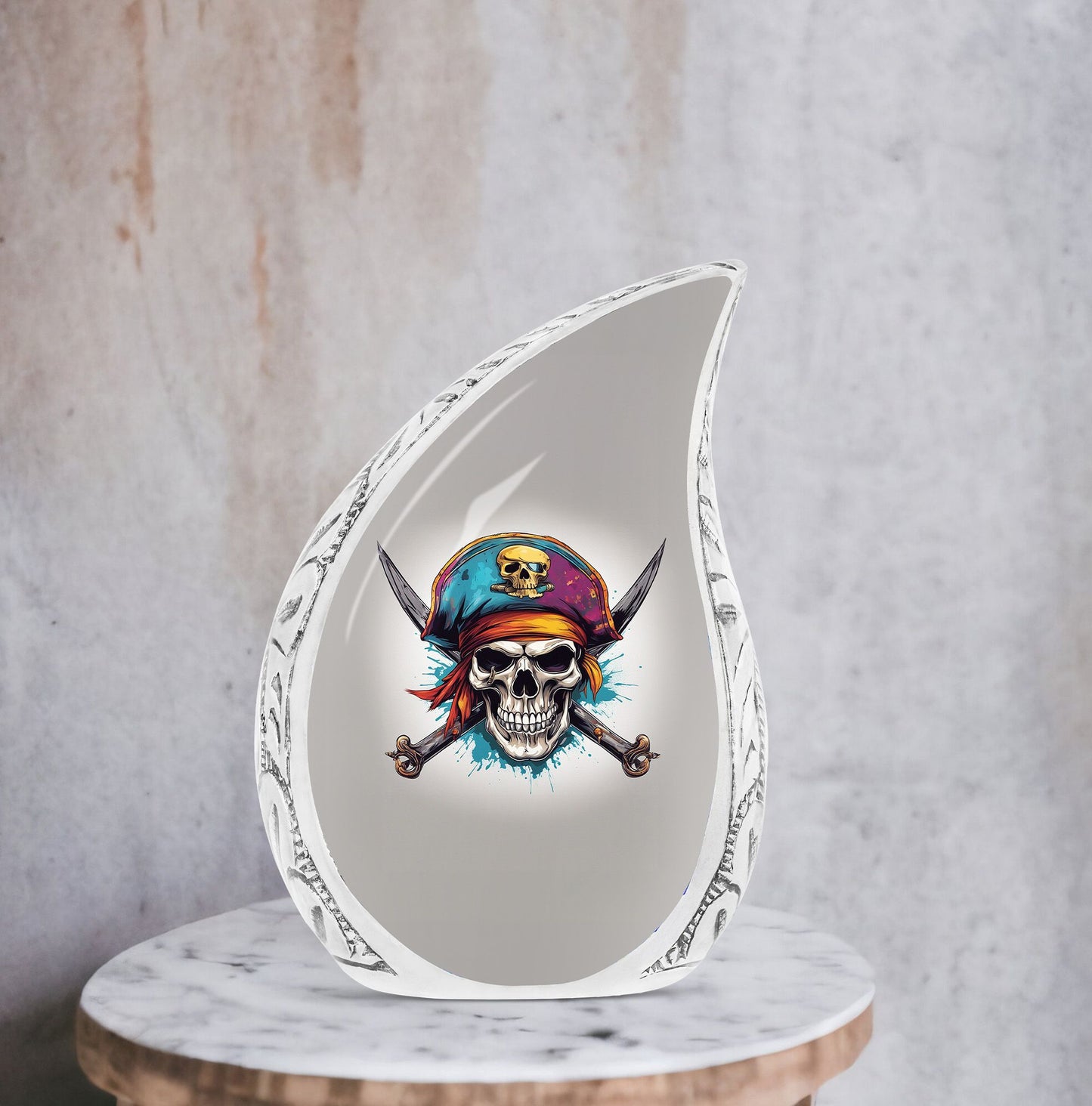 Large Pirate skull art urn for adult male ashes, perfect as a dad urn or funeral decoration