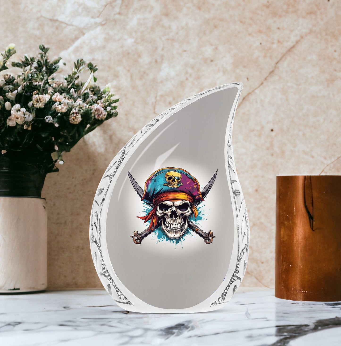 Large Pirate skull art urn for adult male ashes, perfect as a dad urn or funeral decoration