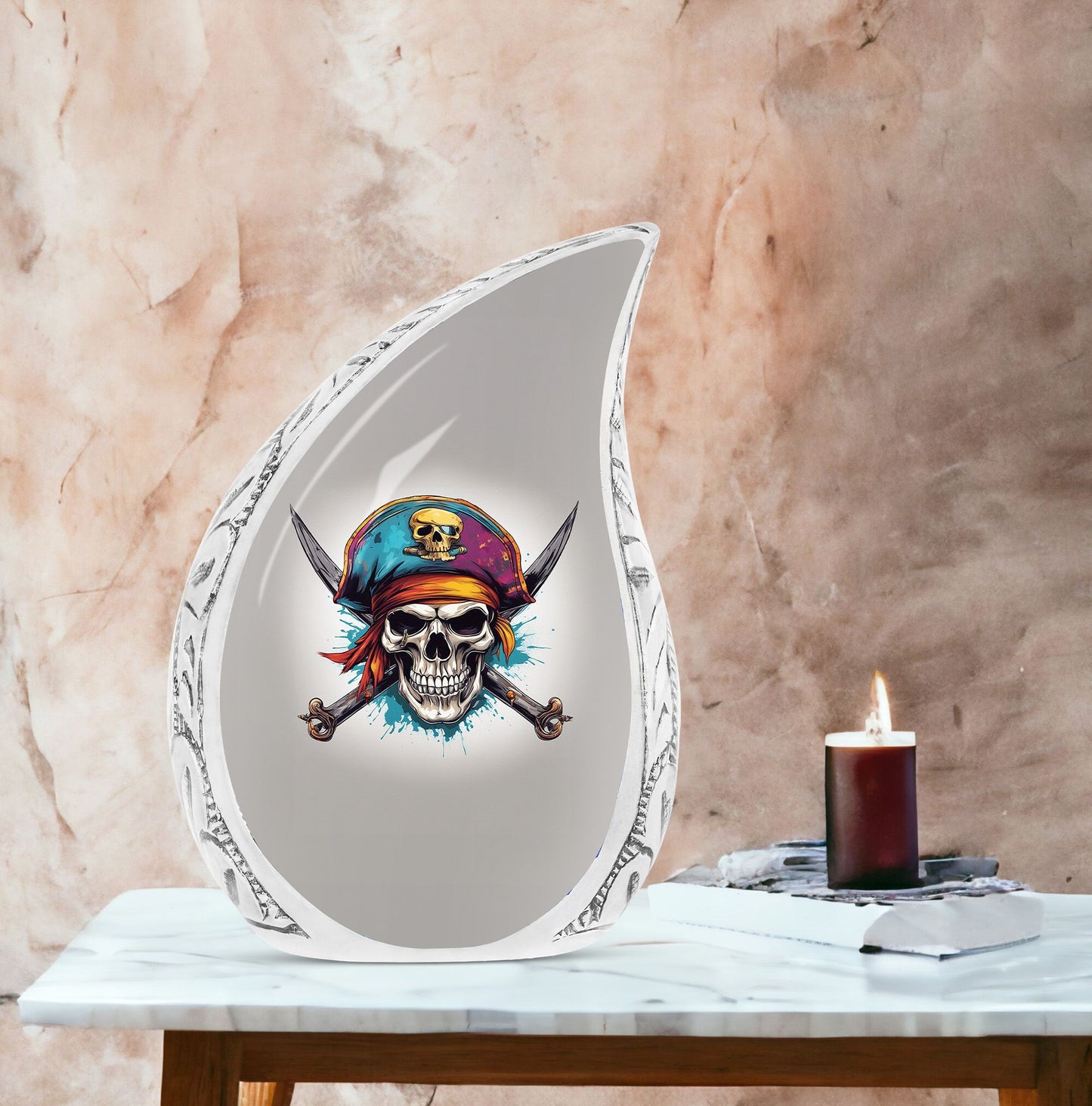 Large Pirate skull art urn for adult male ashes, perfect as a dad urn or funeral decoration