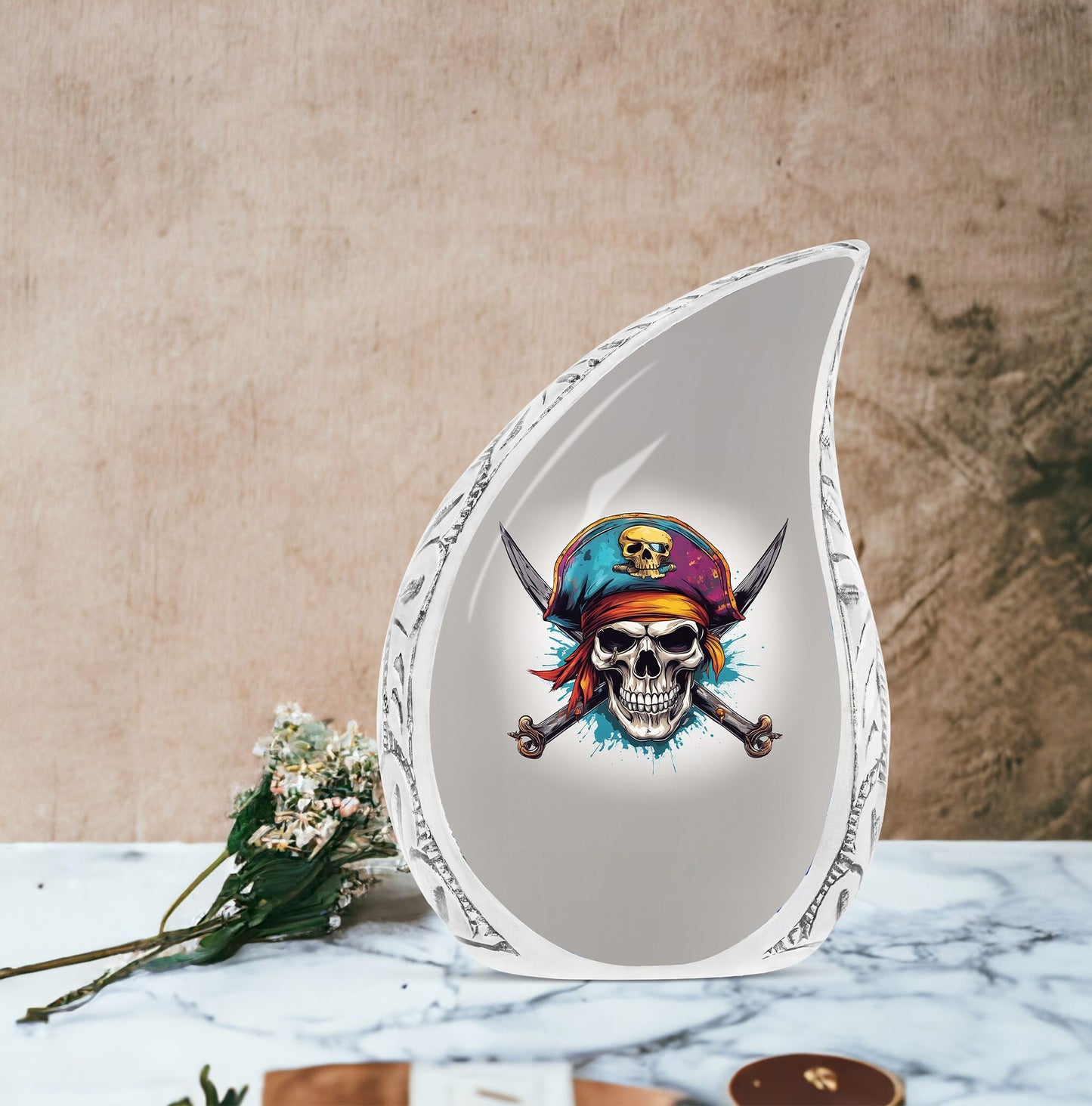 Large Pirate skull art urn for adult male ashes, perfect as a dad urn or funeral decoration