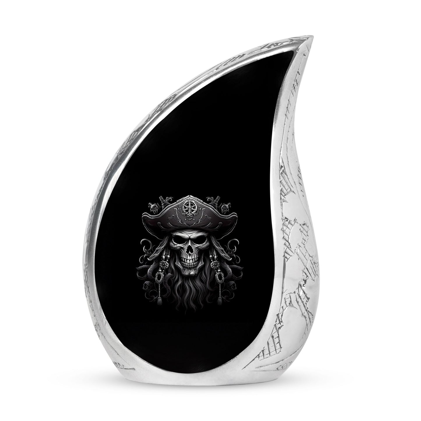 Large skull pirates logo tattoo t-shirt urn for adults, a unique metal cremation urn for human ashes