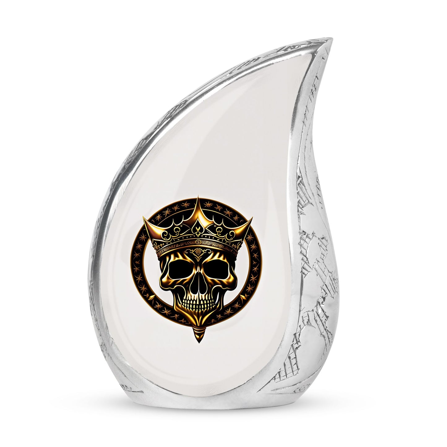 Large metal burial urn for adult ashes featuring a gold crown on a skull design, suitable for men