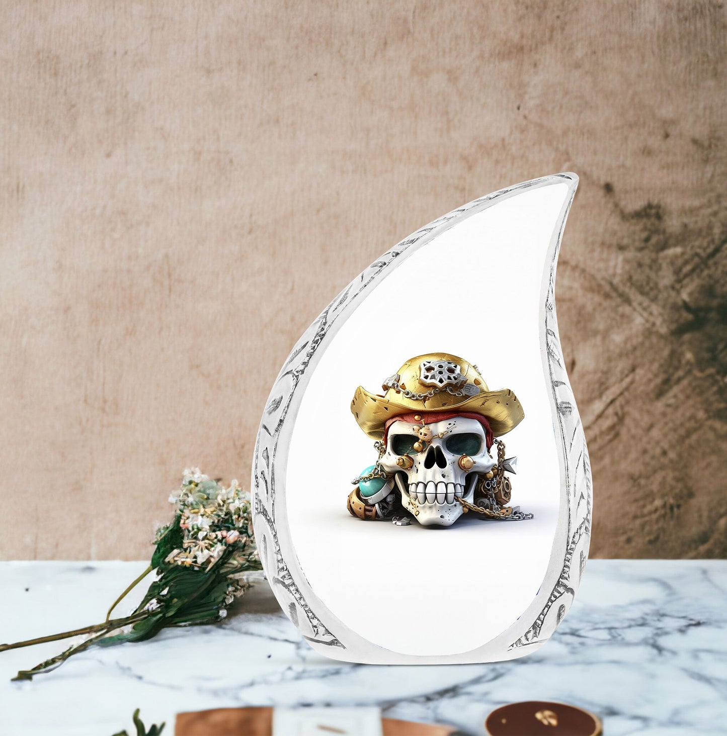 Large metal cremation urn featuring a skull with gold hat chain, ideal for women's burial purposes