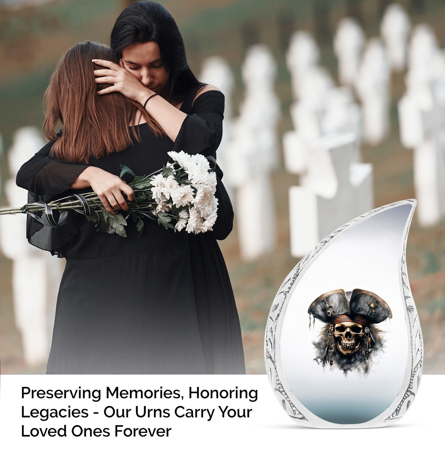 Large urn for human ashes with cat wearing flower crown design, ideal for adult female burial