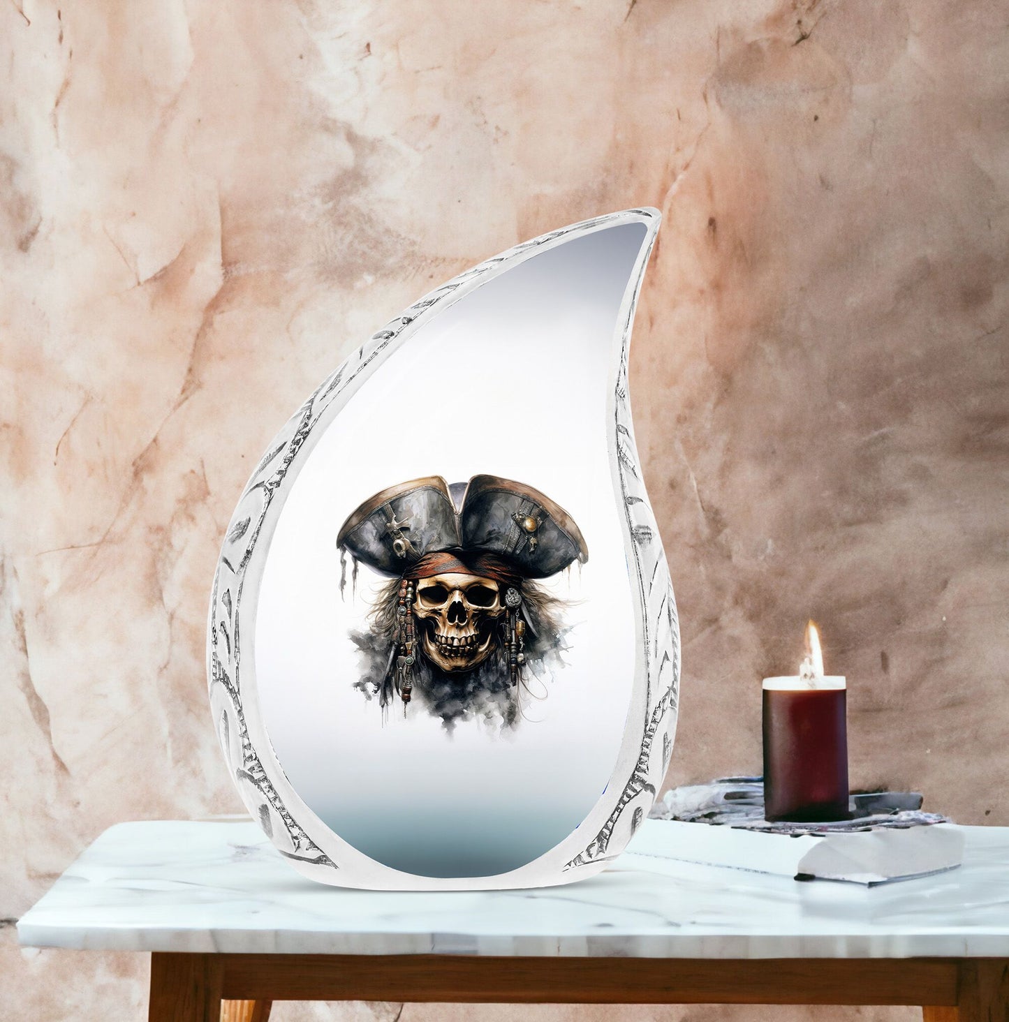 Large urn for human ashes with cat wearing flower crown design, ideal for adult female burial