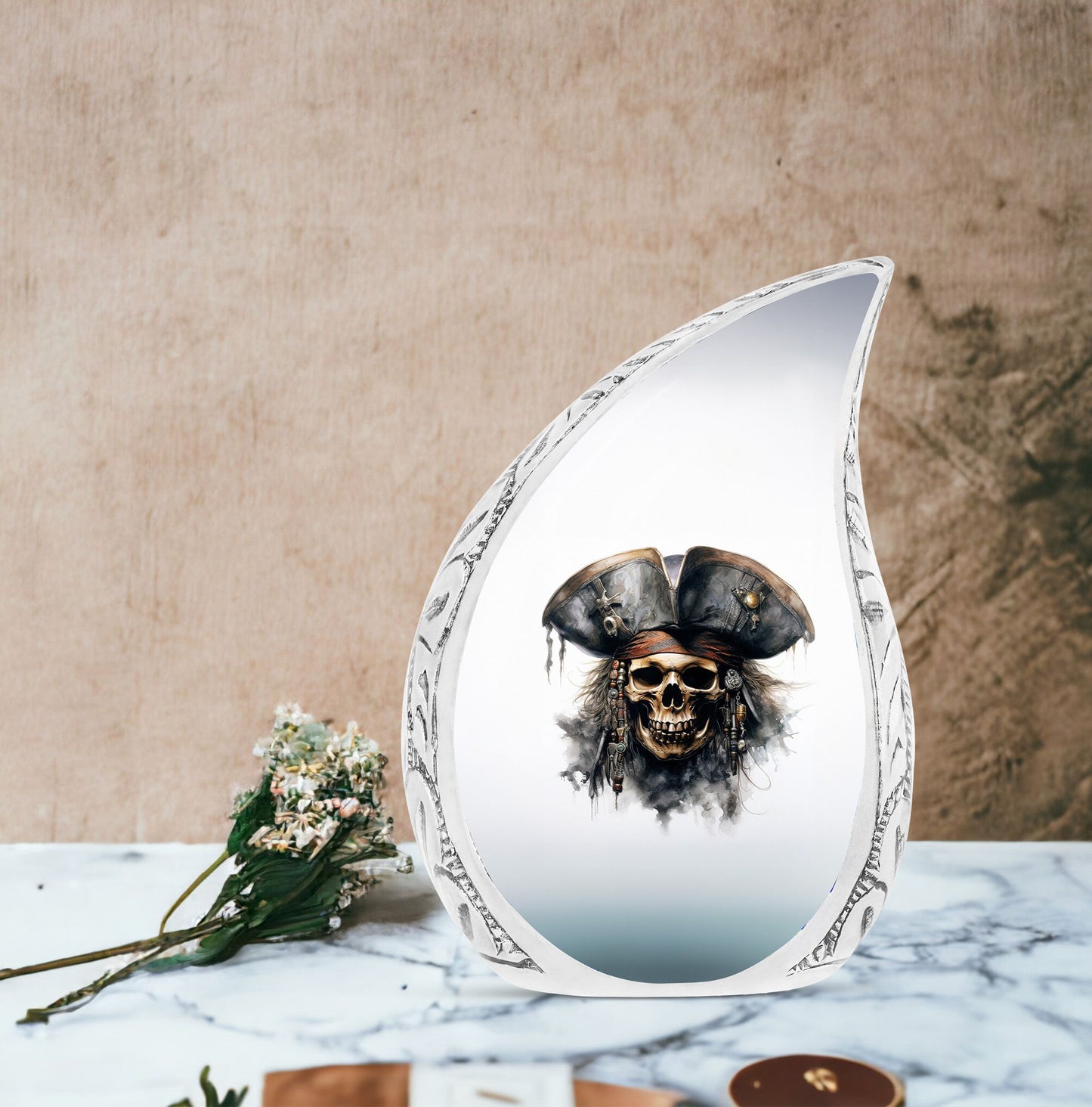 Large urn for human ashes with cat wearing flower crown design, ideal for adult female burial