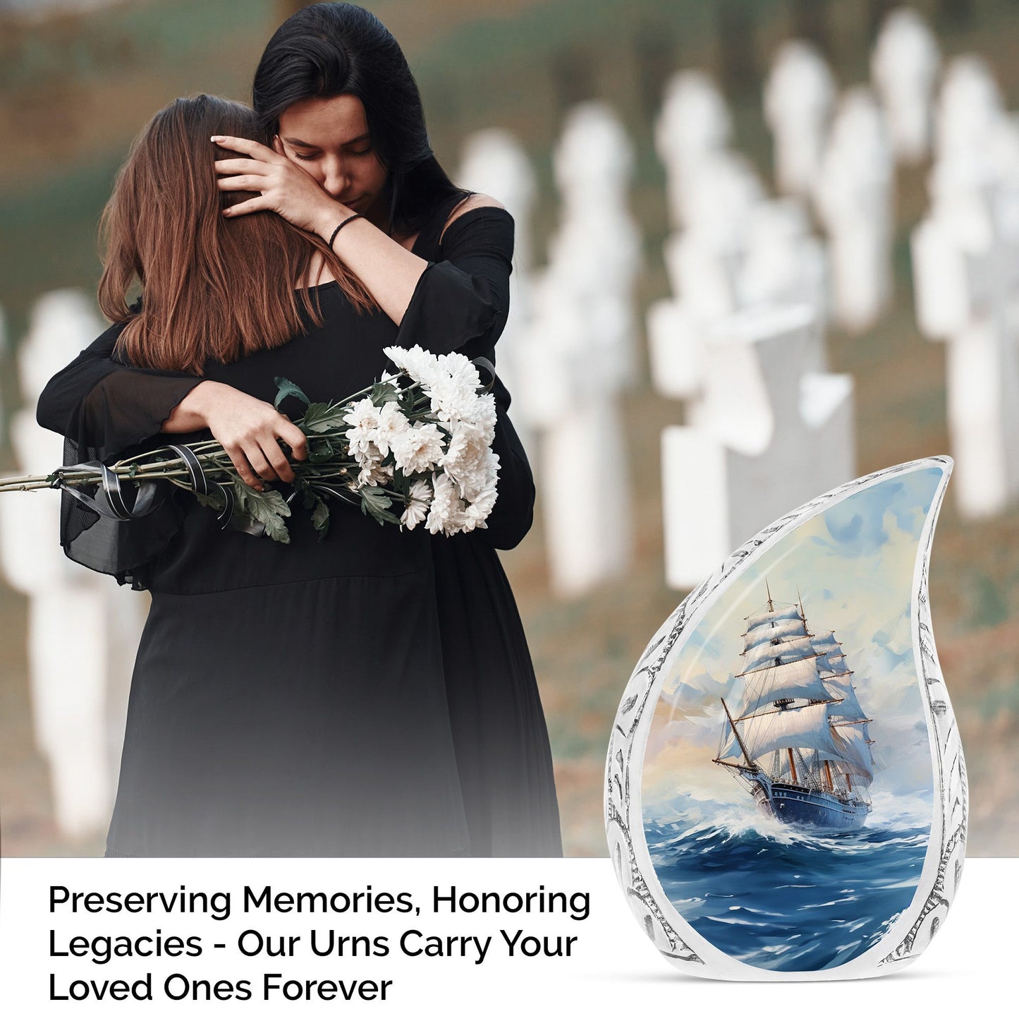 Large cremation urn for adults featuring ship oil painting art, suitable for women and men