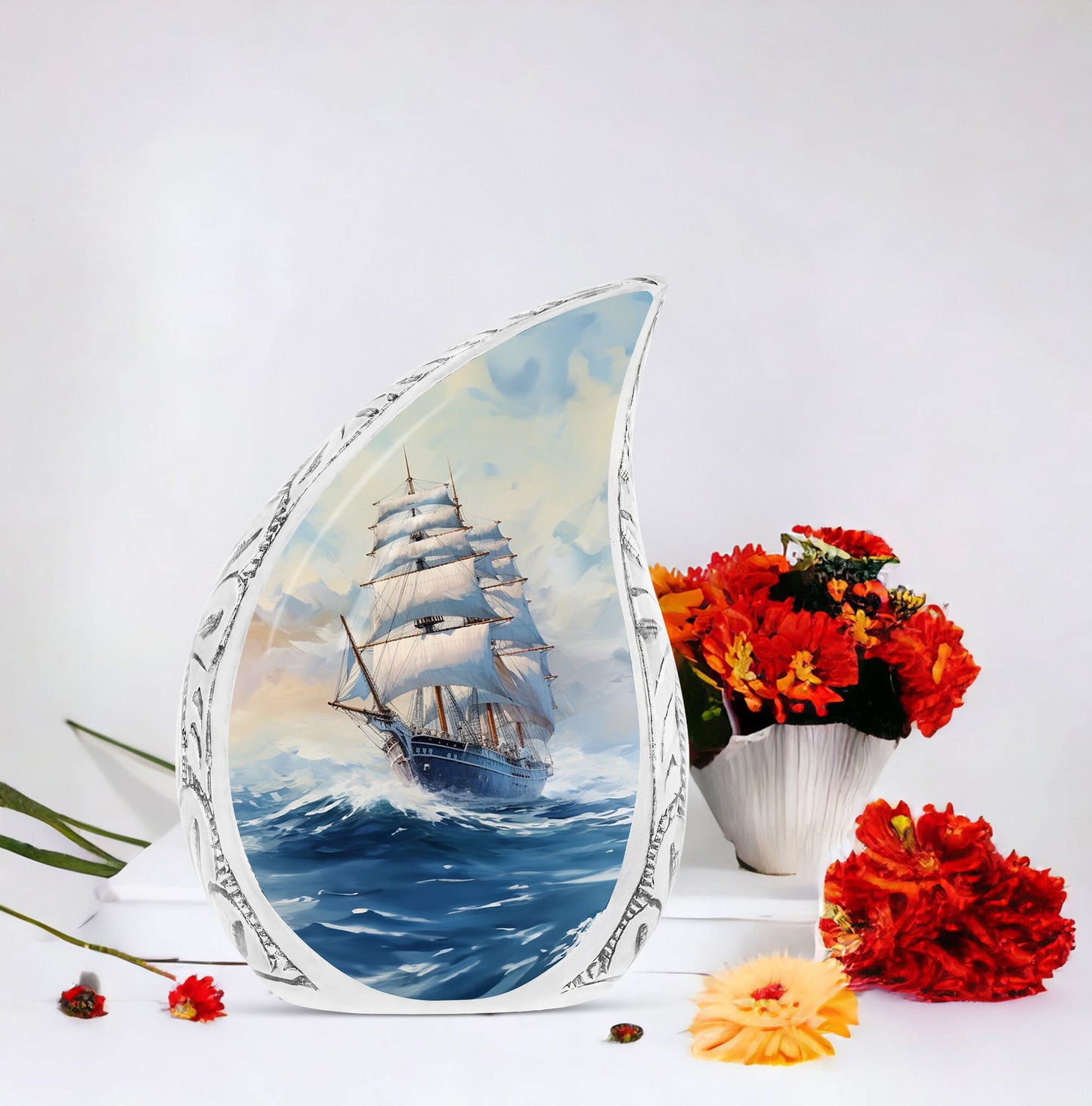 Large cremation urn for adults featuring ship oil painting art, suitable for women and men