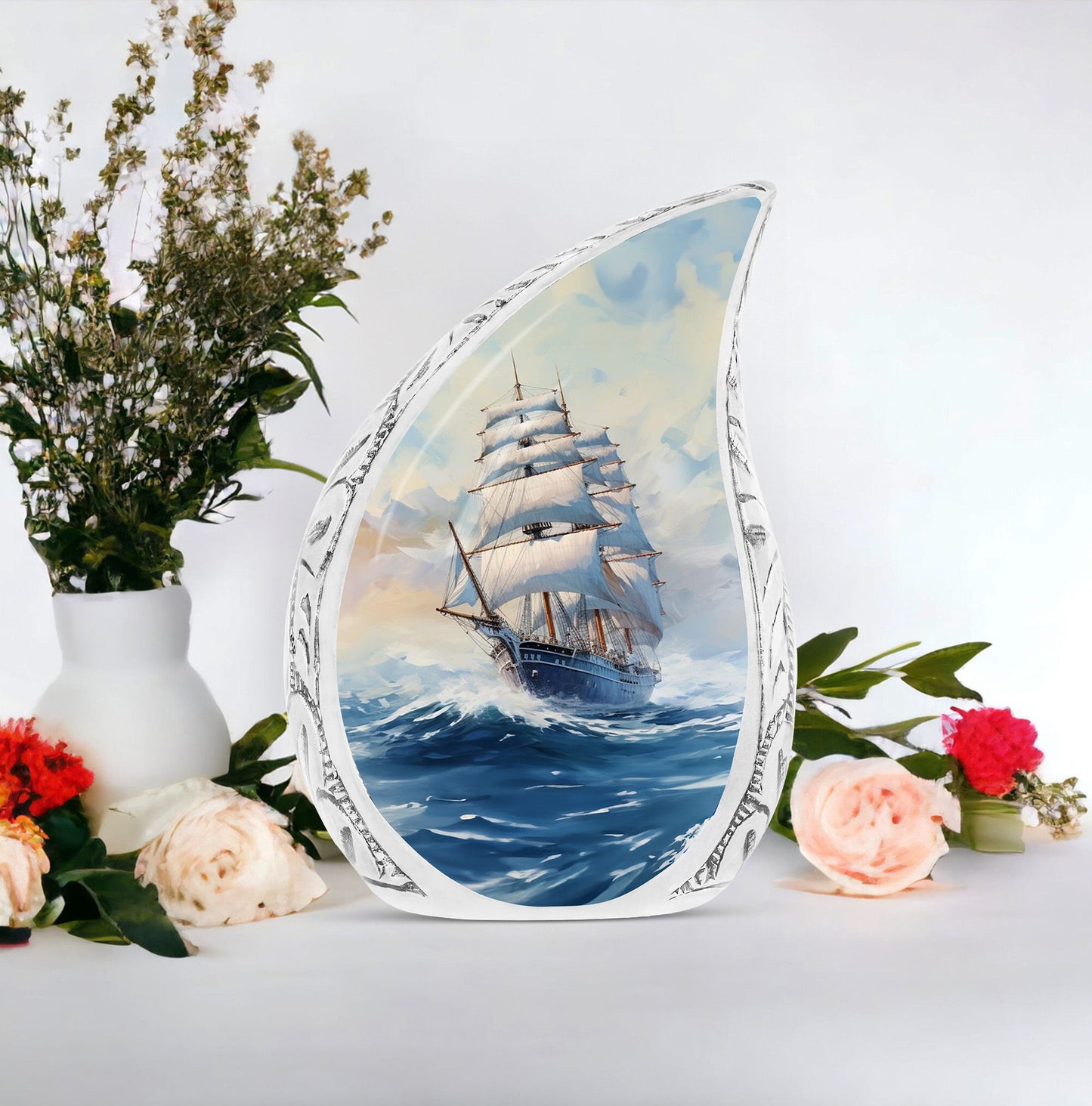Large cremation urn for adults featuring ship oil painting art, suitable for women and men