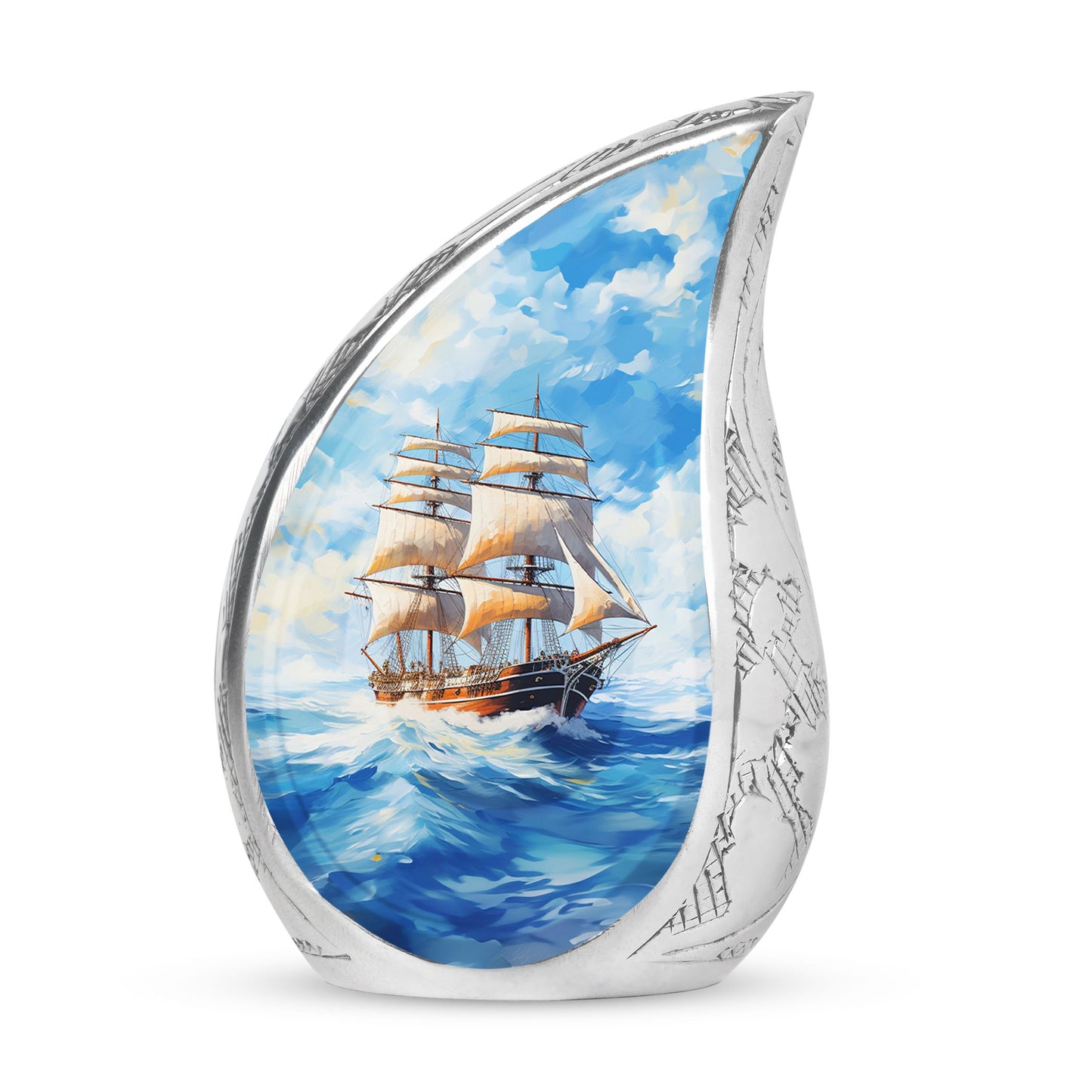 Large unique burial urn with beautiful old ship design, a distinctive choice for adult human ashes storage