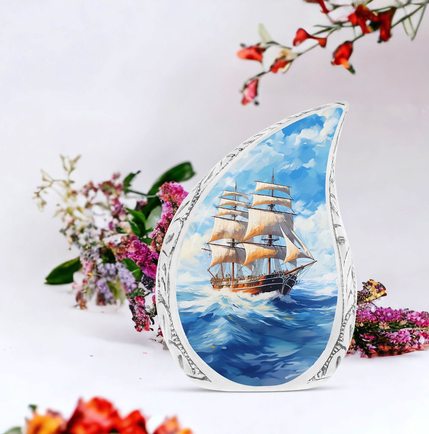 Large unique burial urn with beautiful old ship design, a distinctive choice for adult human ashes storage