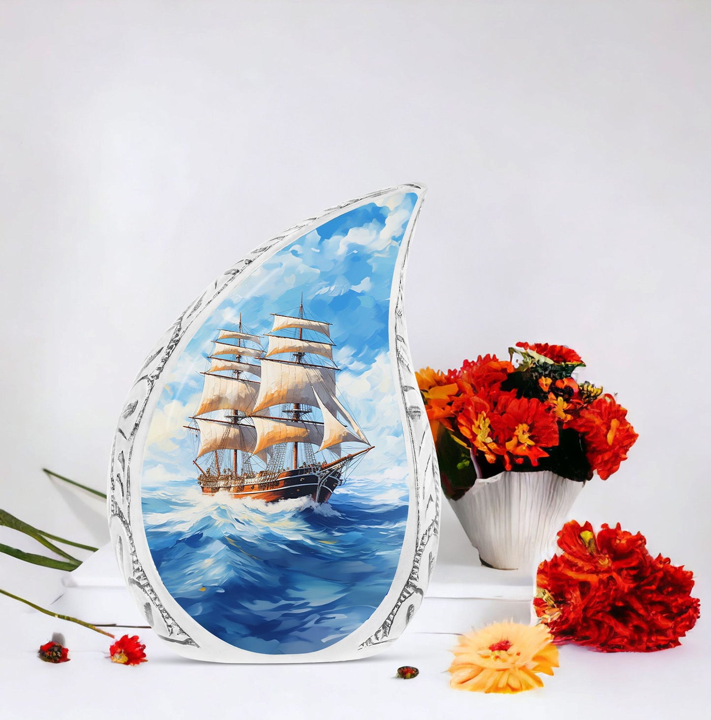 Large unique burial urn with beautiful old ship design, a distinctive choice for adult human ashes storage