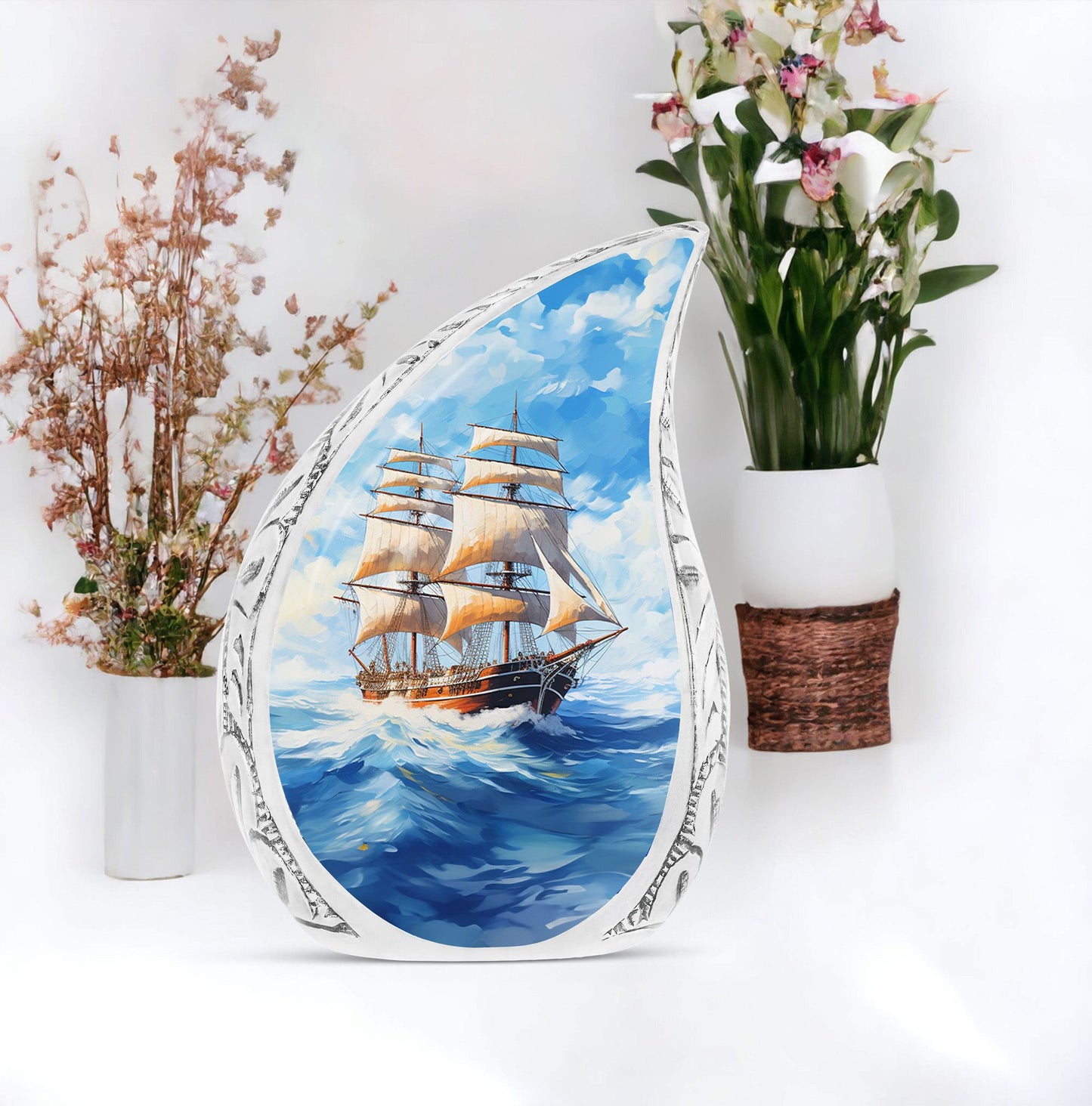 Large unique burial urn with beautiful old ship design, a distinctive choice for adult human ashes storage