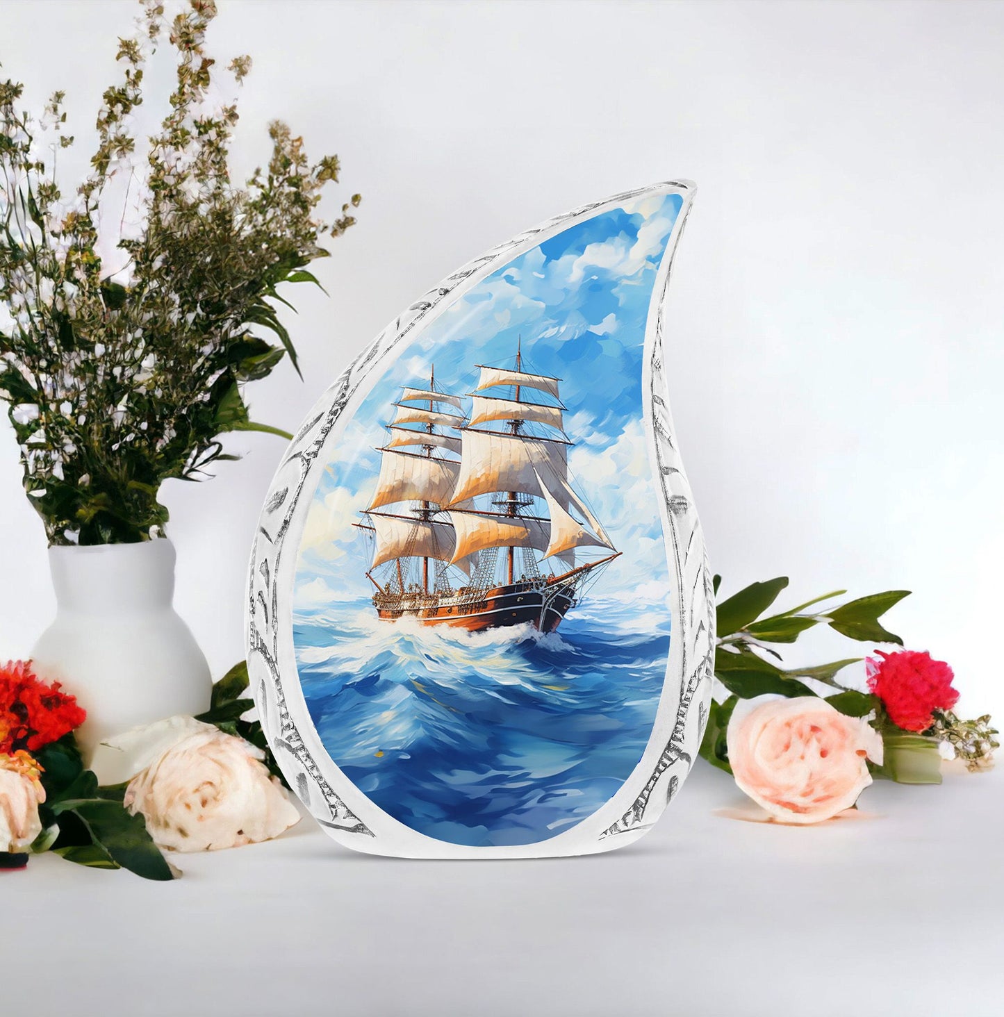 Large unique burial urn with beautiful old ship design, a distinctive choice for adult human ashes storage