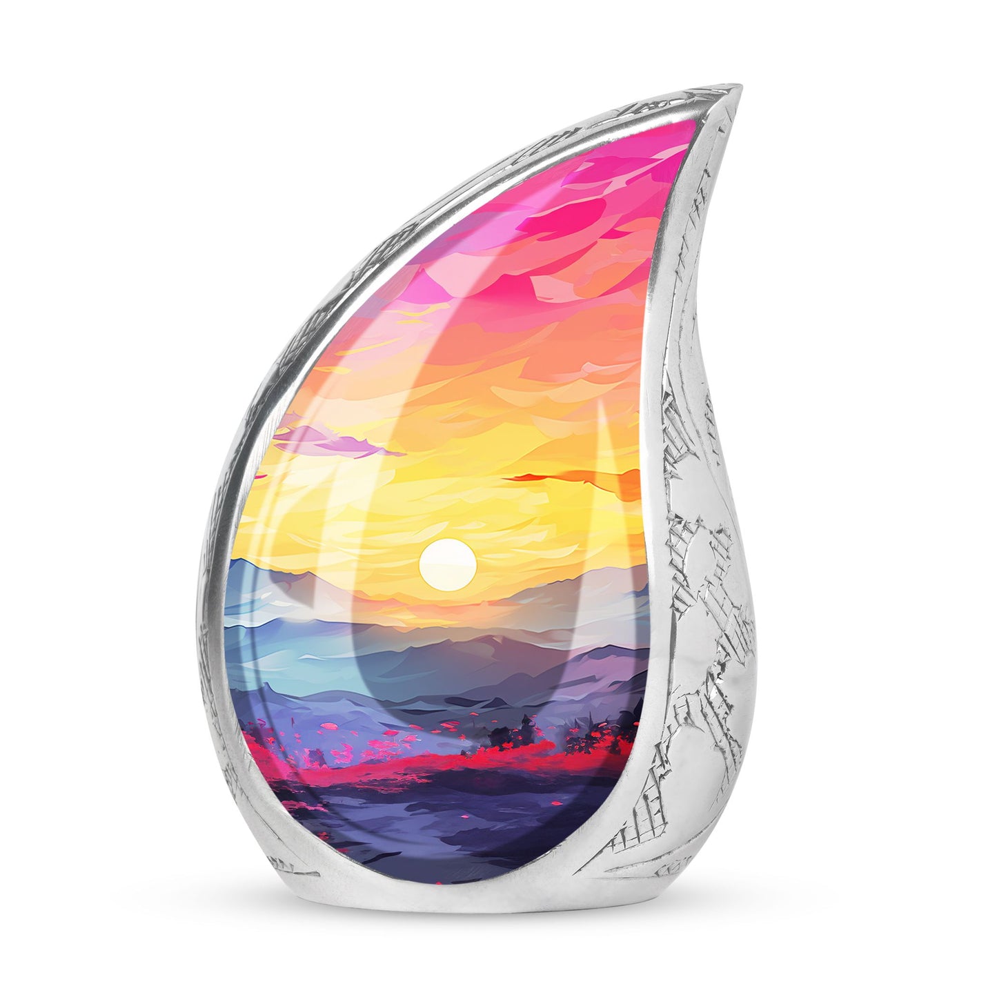 Teardrop style Mountains Urn for male burial, a unique and decorative gift for women. Cremation urn made of metal.